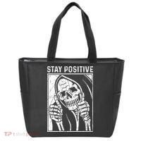 Funny Skull Stay Positive Skeleton Halloween Motivational Tote Bag thumb 0