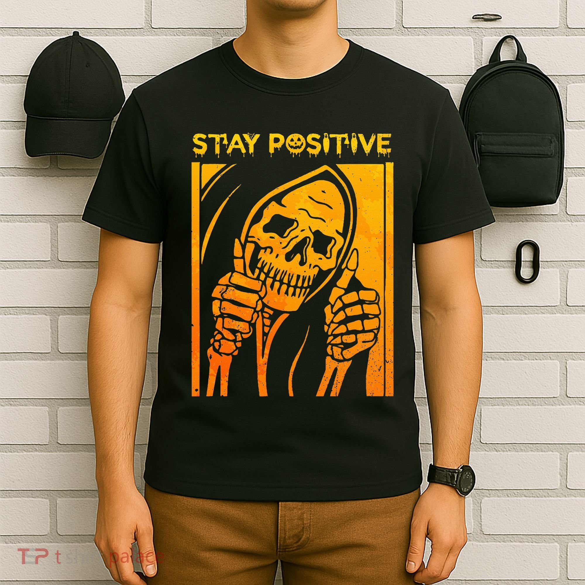 Funny Skull Stay Positive Skeleton Halloween Motivational T-Shirt