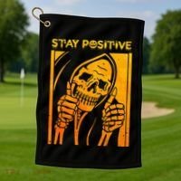 Funny Skull Stay Positive Skeleton Halloween Motivational Golf Towel thumb 1