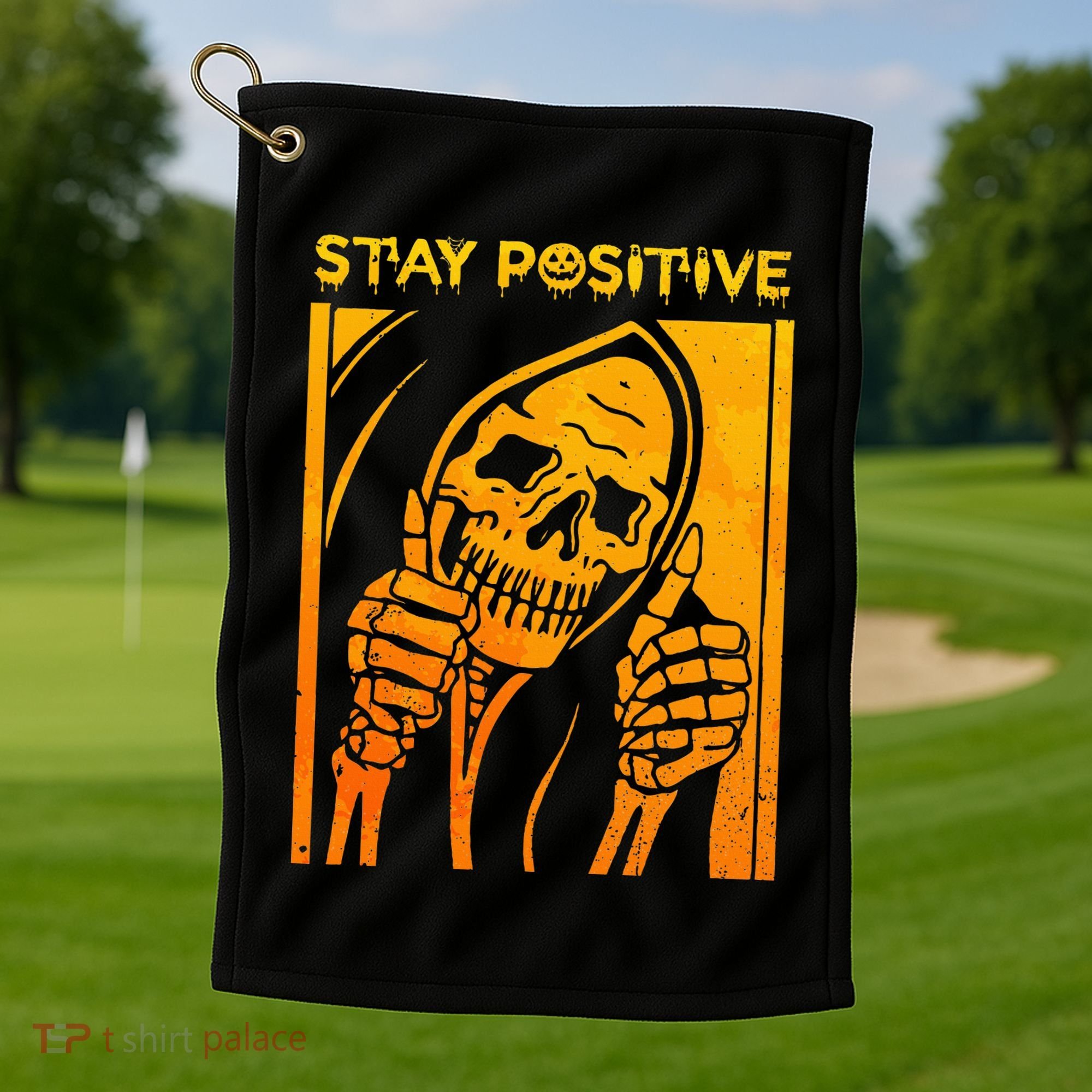 Funny Skull Stay Positive Skeleton Halloween Motivational Golf Towel