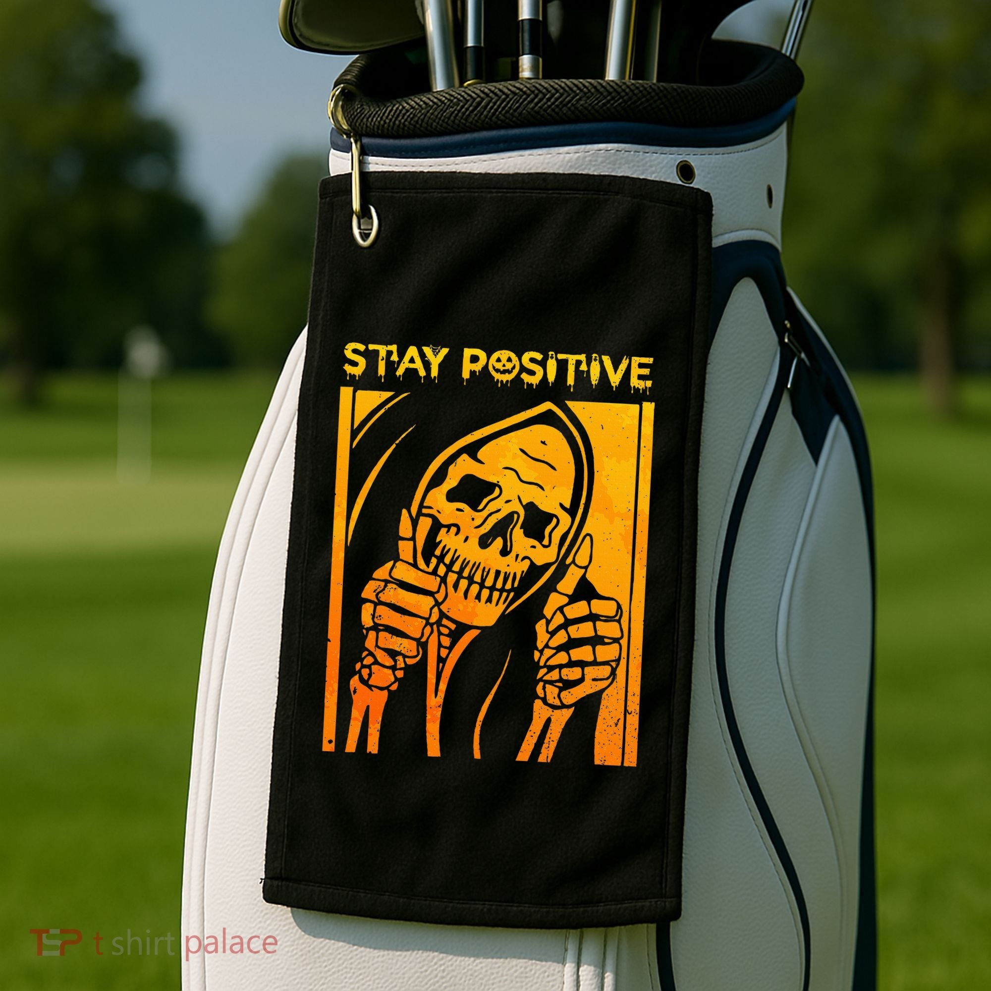 Funny Skull Stay Positive Skeleton Halloween Motivational Golf Towel