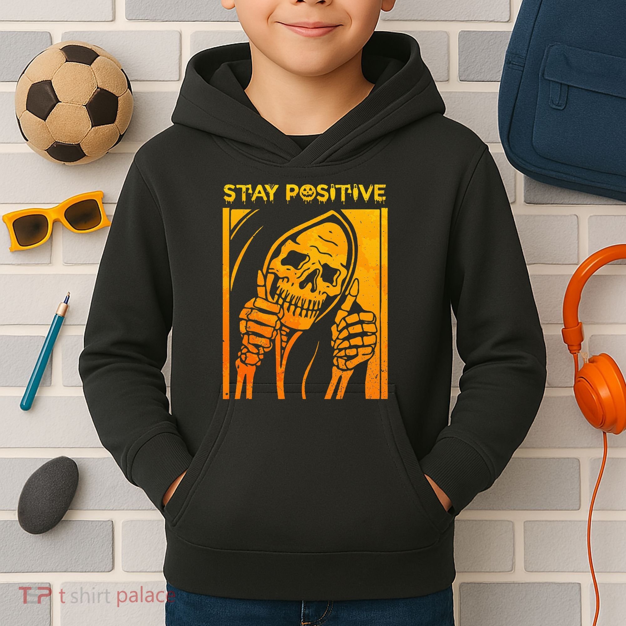 Funny Skull Stay Positive Skeleton Halloween Motivational Kids Hoodie