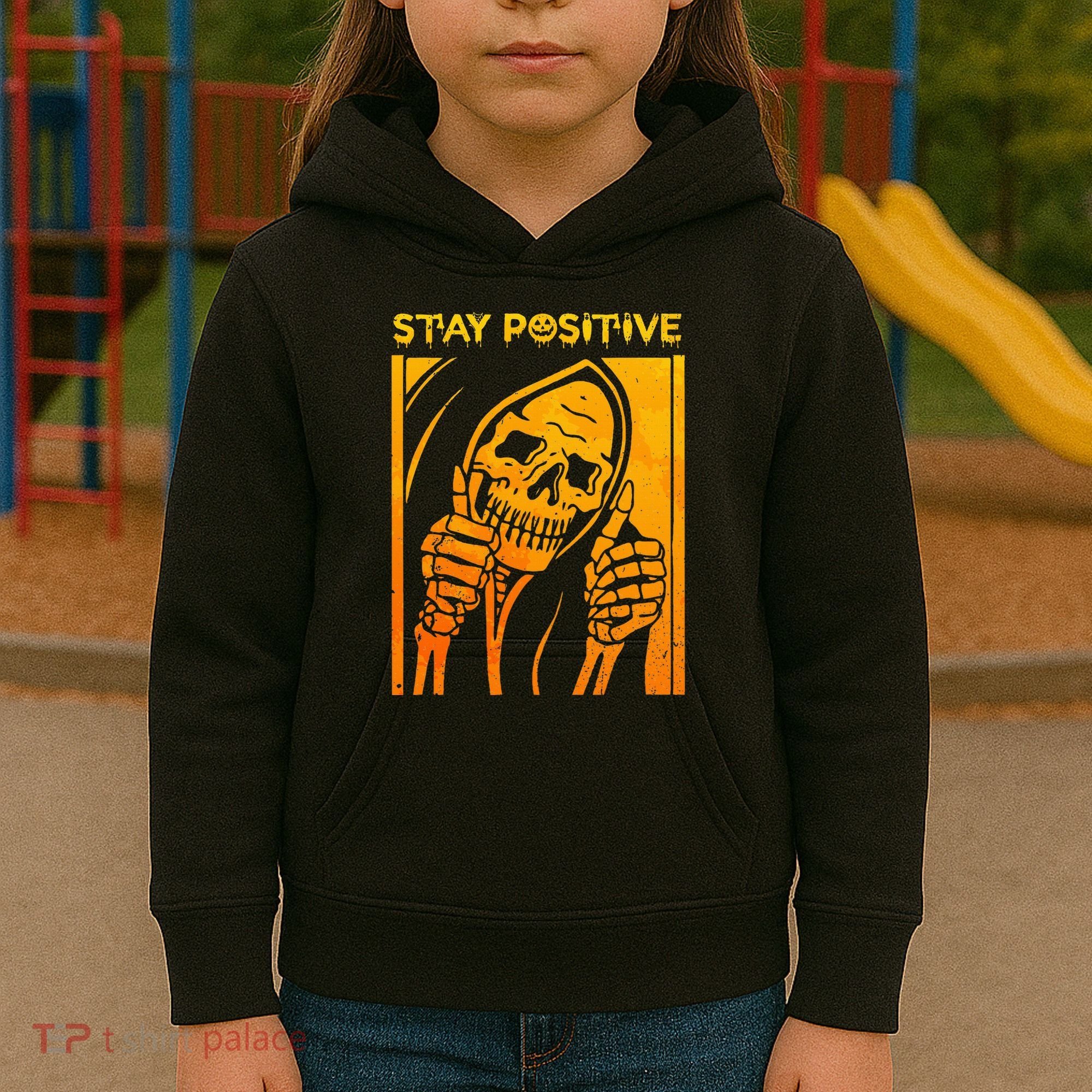 Funny Skull Stay Positive Skeleton Halloween Motivational Kids Hoodie