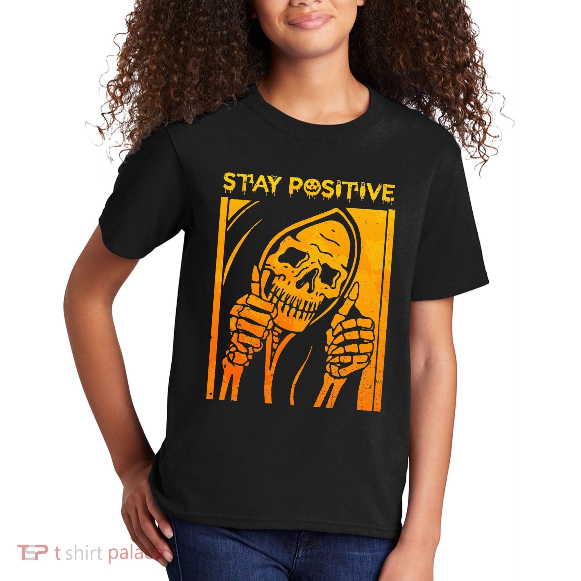 Funny Skull Stay Positive Skeleton Halloween Motivational Kids T-Shirt