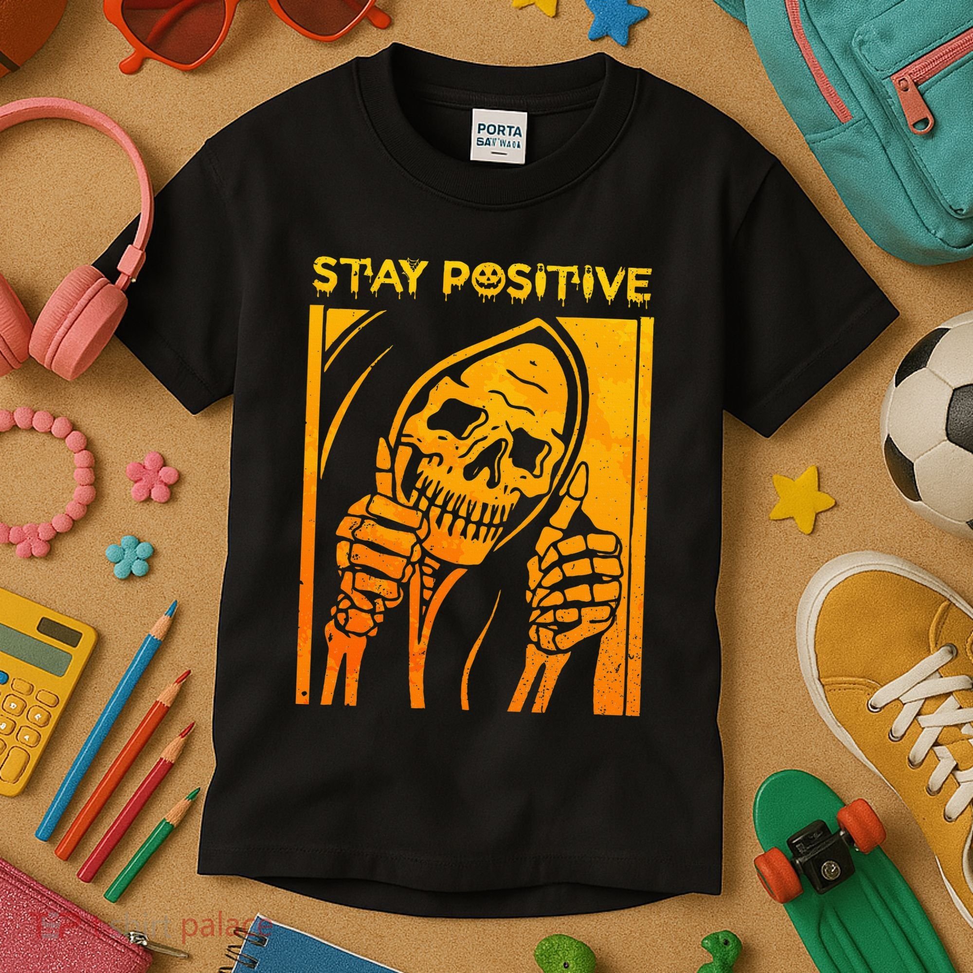 Funny Skull Stay Positive Skeleton Halloween Motivational Kids T-Shirt