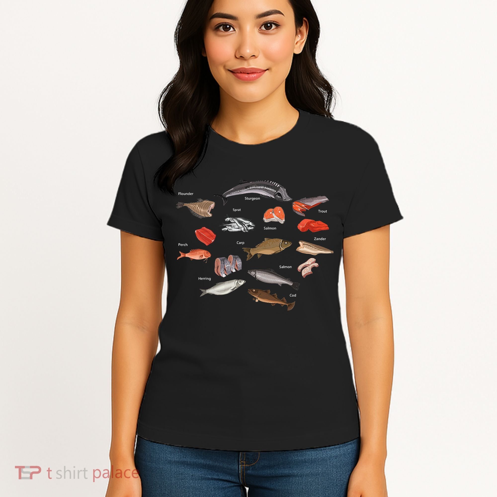 Flounder Sturgeon Sprat Trout Salmon Cod Aquatic Species Women's T-Shirt