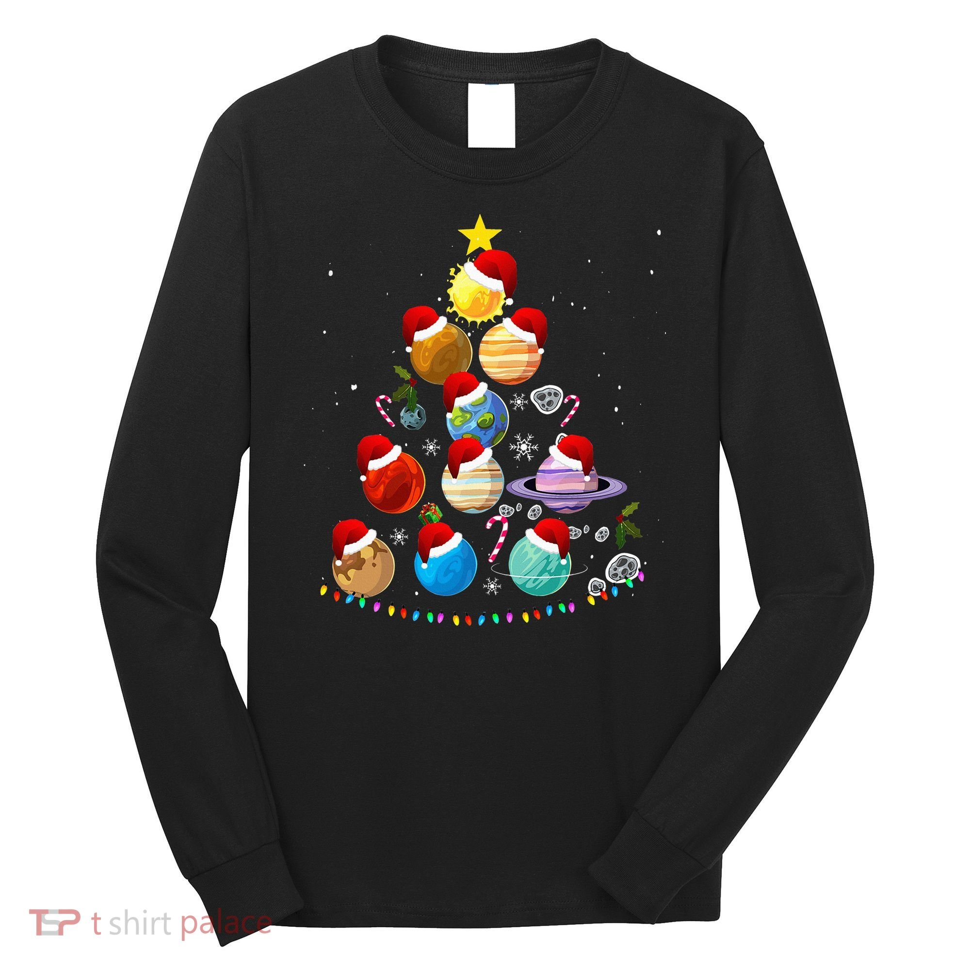 Funny Solar System Space Planets Tree Christmas Pajama Xmas Long Sleeve Shirt