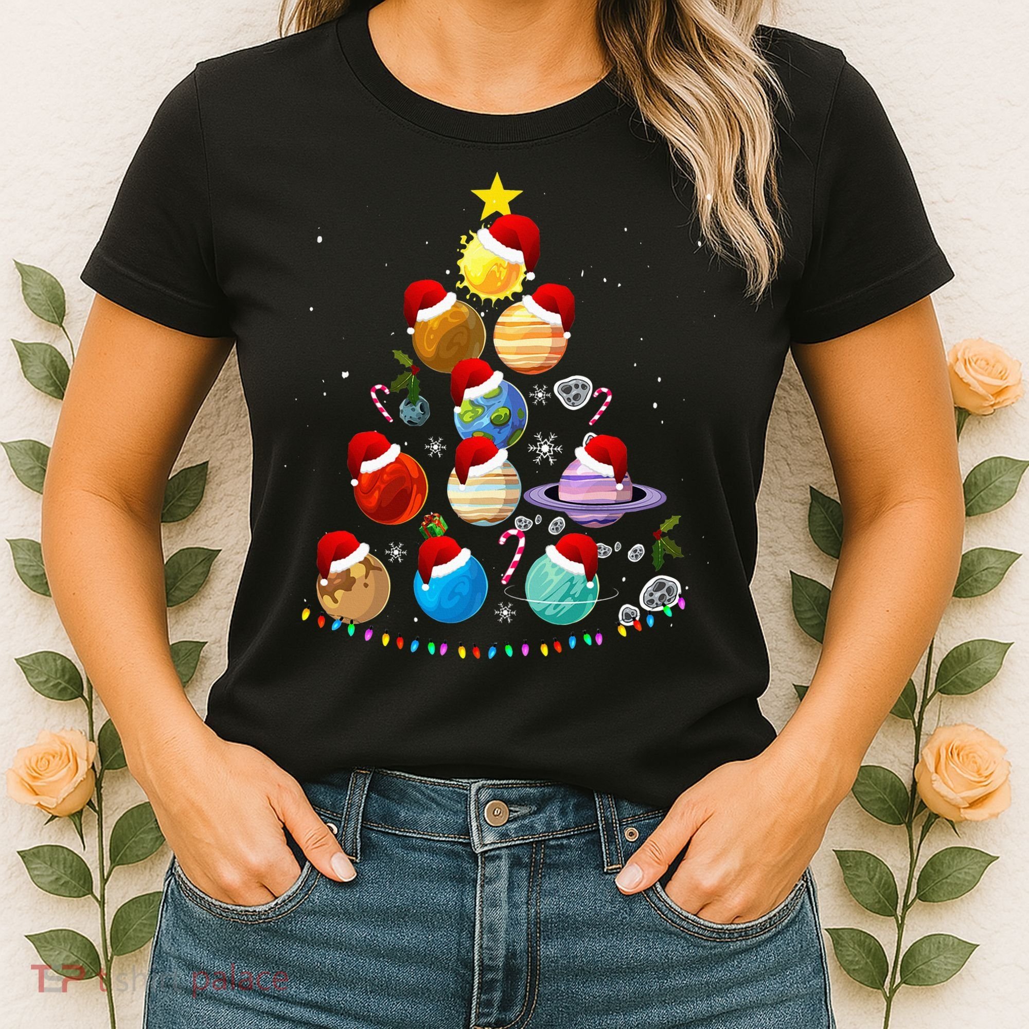 Funny Solar System Space Planets Tree Christmas Pajama Xmas Women's T-Shirt