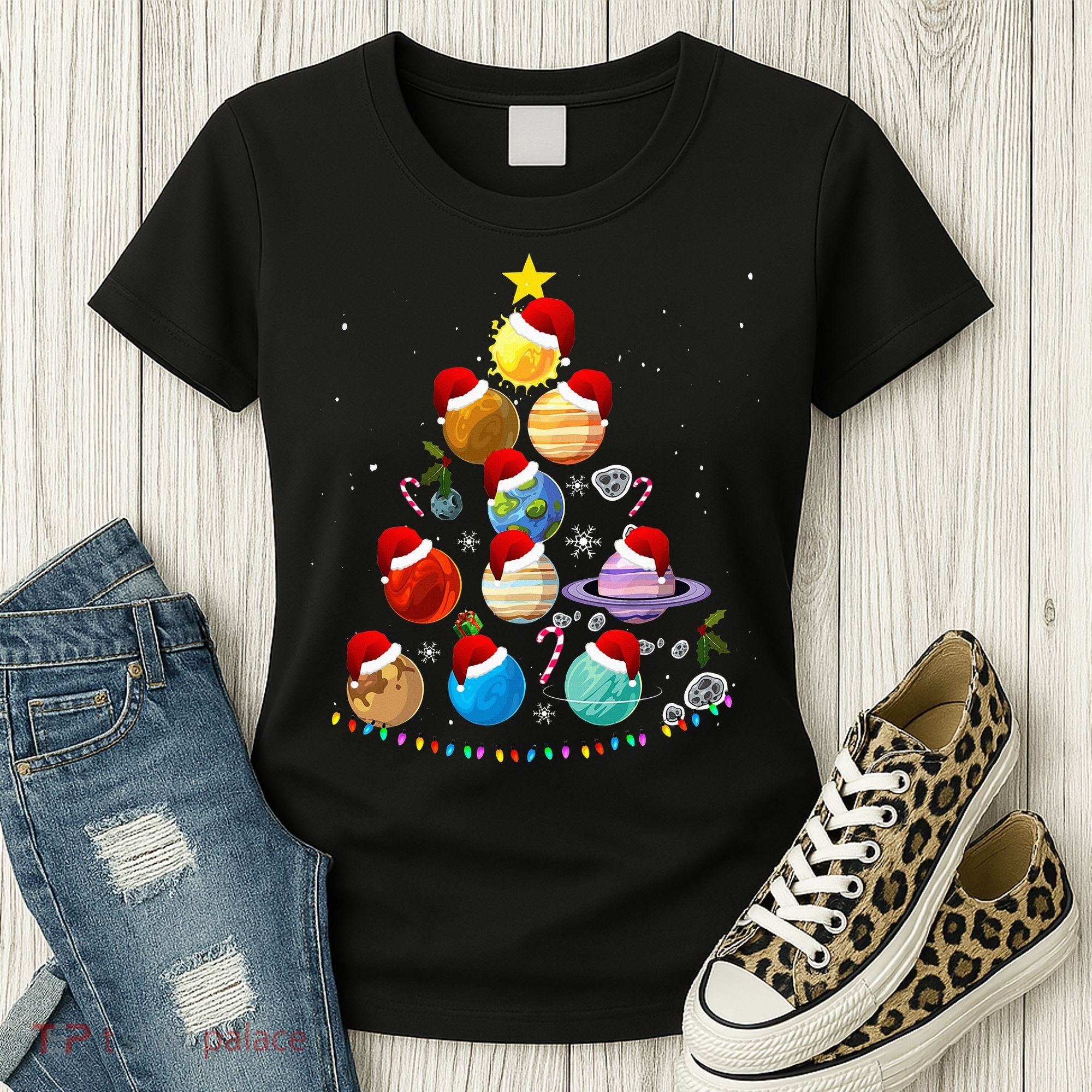 Funny Solar System Space Planets Tree Christmas Pajama Xmas Women's T-Shirt