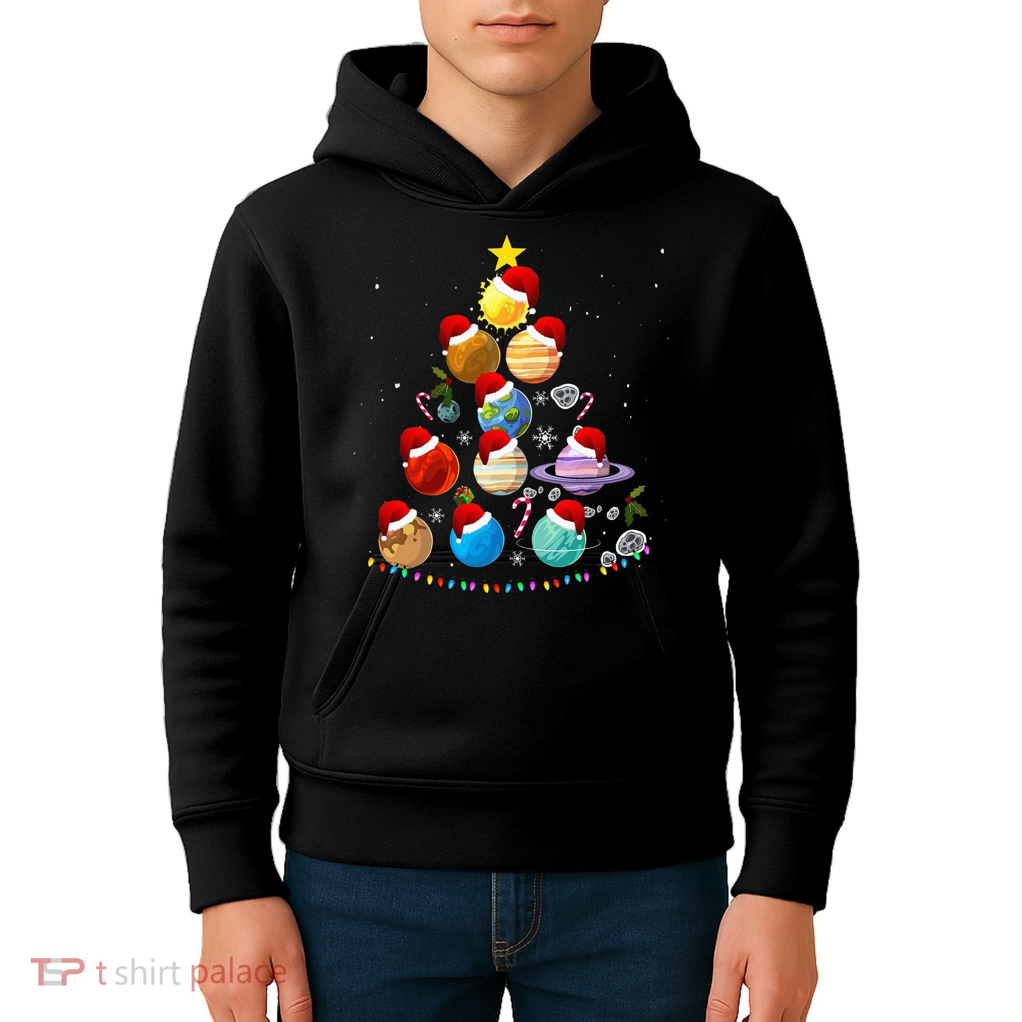 Funny Solar System Space Planets Tree Christmas Pajama Xmas Kids Hoodie