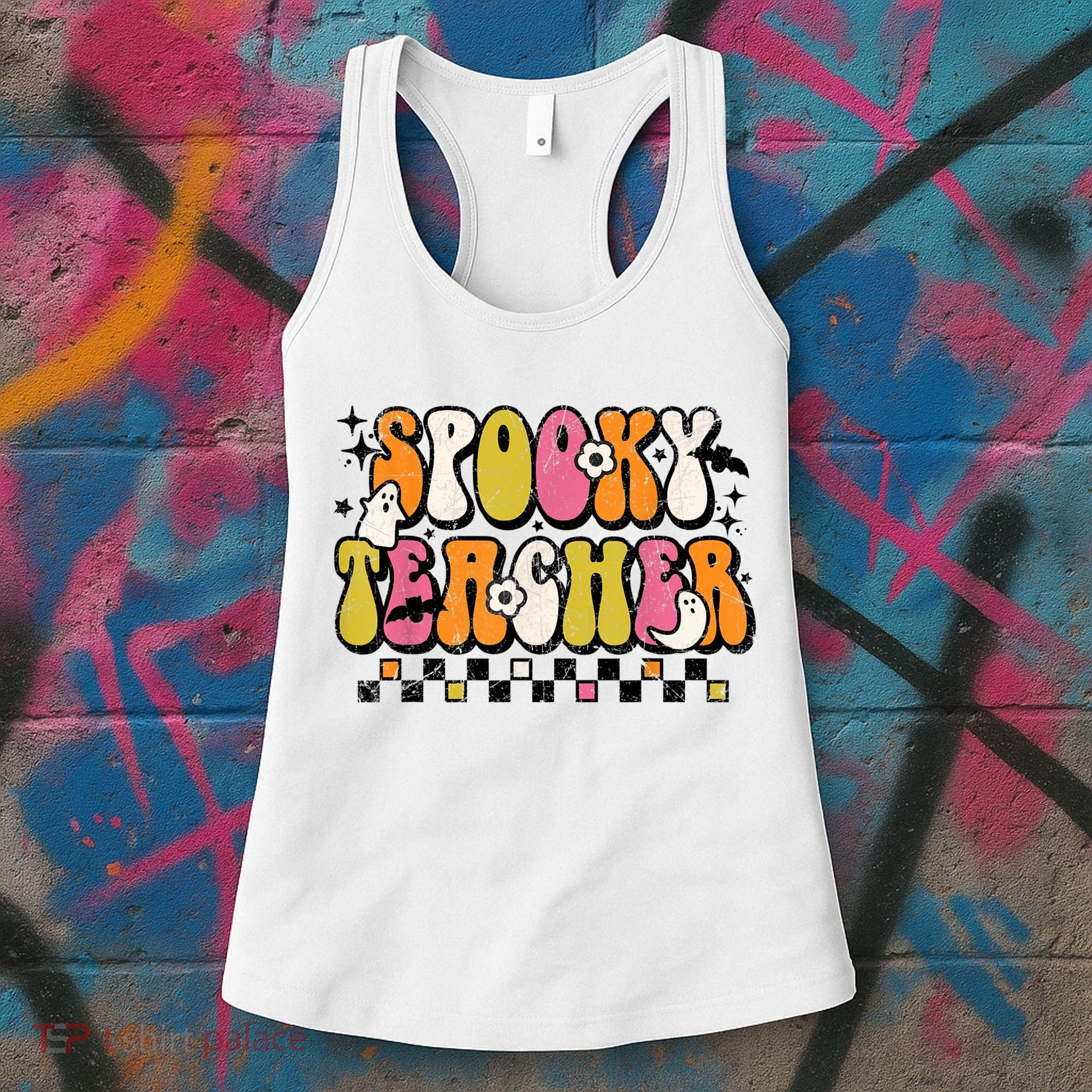 Funny Spooky Season Retro Spooky Teacher Halloween Costume Women's Tank Top