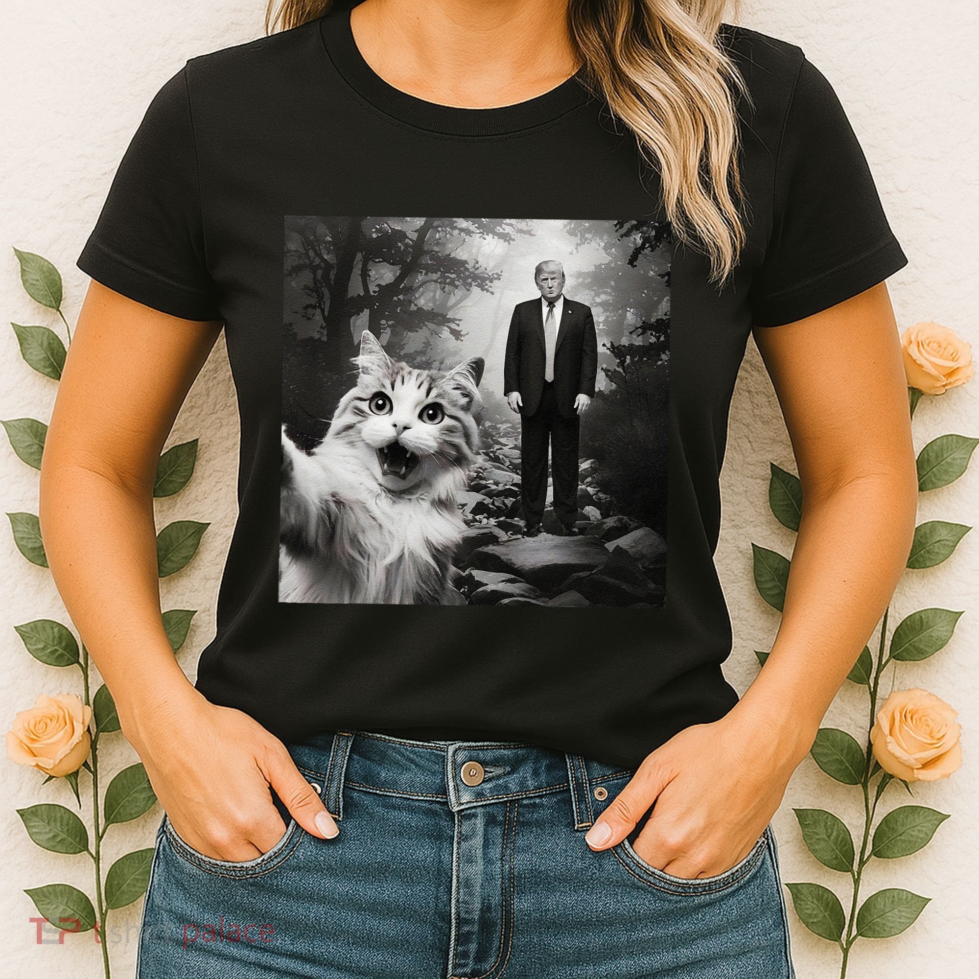Funny Surprised Scared Cat Selfie With D.Trump Women's T-Shirt