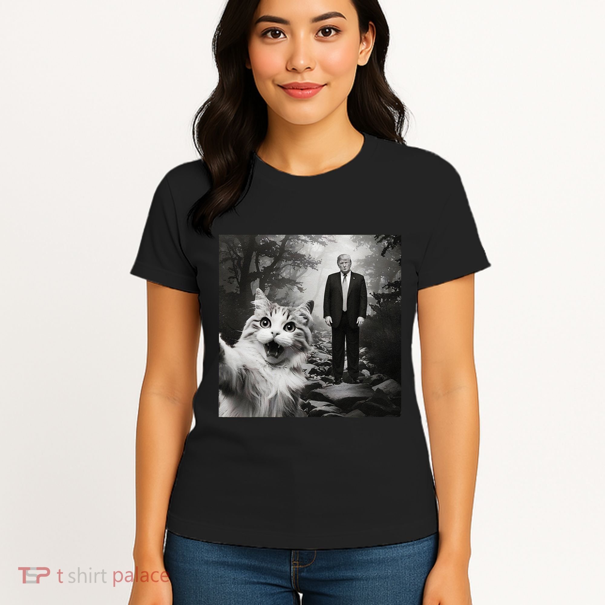 Funny Surprised Scared Cat Selfie With D.Trump Women's T-Shirt