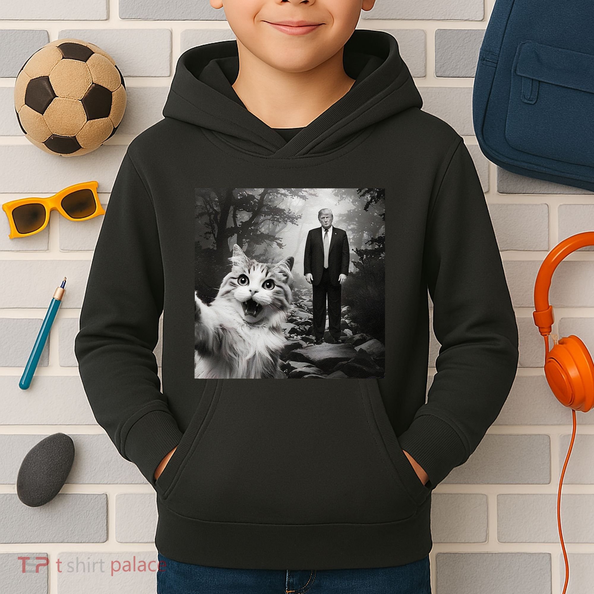 Funny Surprised Scared Cat Selfie With D.Trump Kids Hoodie