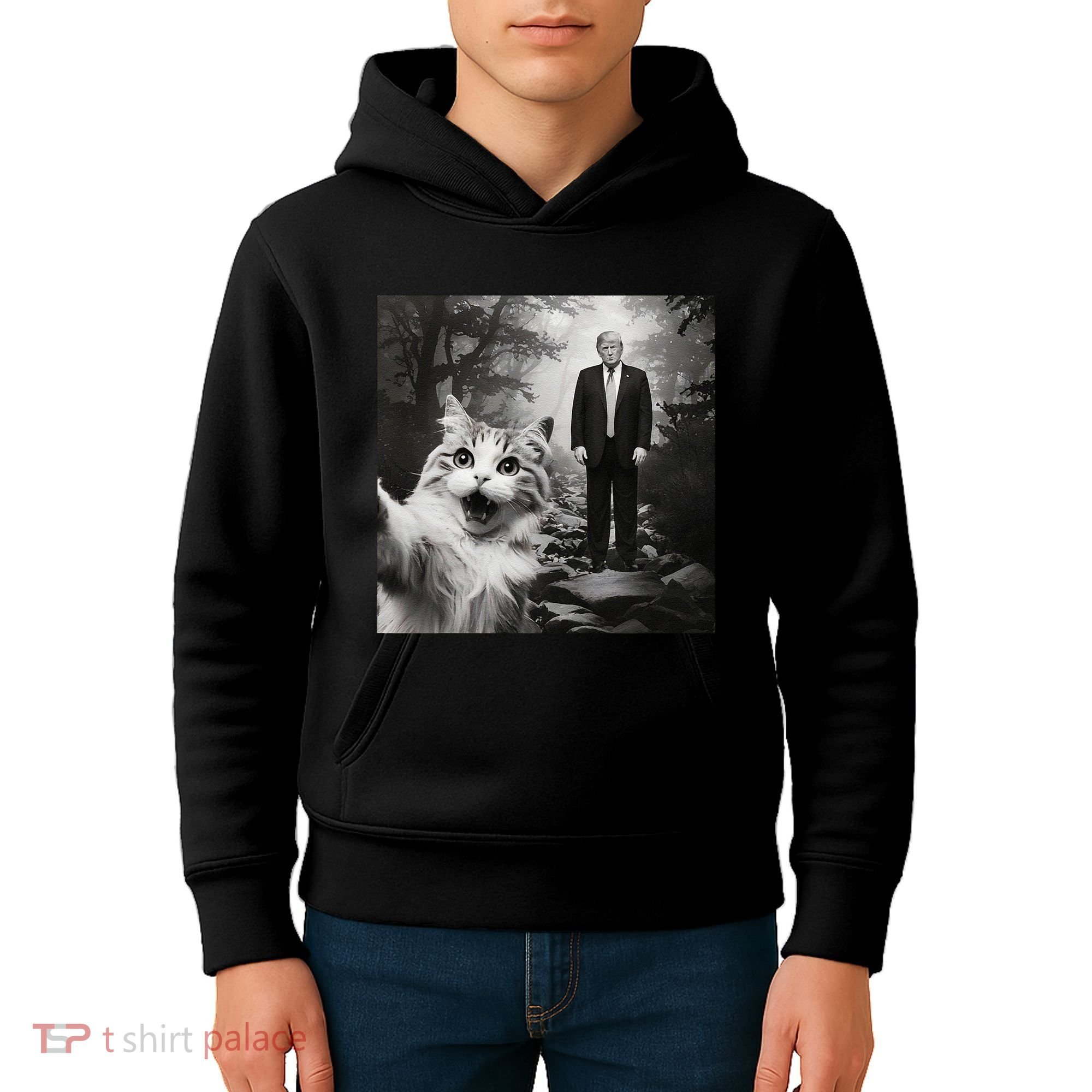 Funny Surprised Scared Cat Selfie With D.Trump Kids Hoodie