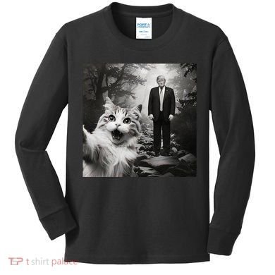 Funny Surprised Scared Cat Selfie With D.Trump Kids Long Sleeve Shirt