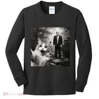 Funny Surprised Scared Cat Selfie With D.Trump Kids Long Sleeve Shirt thumb 0