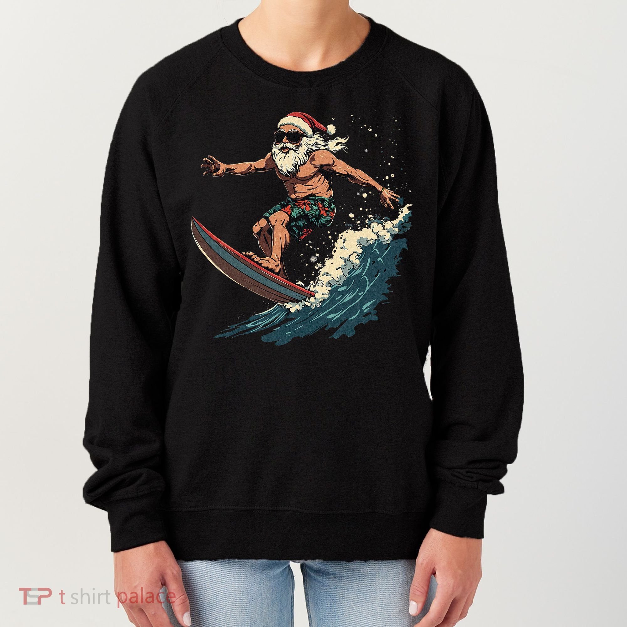 Fun Surfing Santa Christmas Santa Catching Waves Surf Lover Women's Sweatshirt