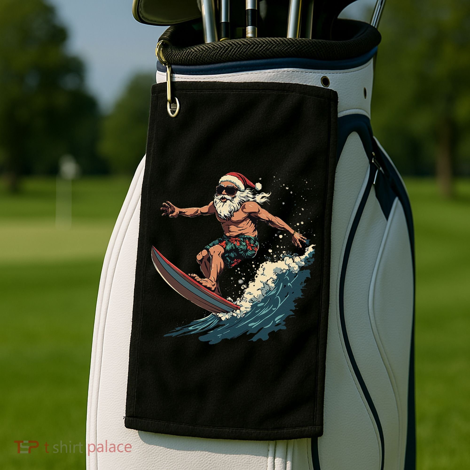 Fun Surfing Santa Christmas Santa Catching Waves Surf Lover Golf Towel
