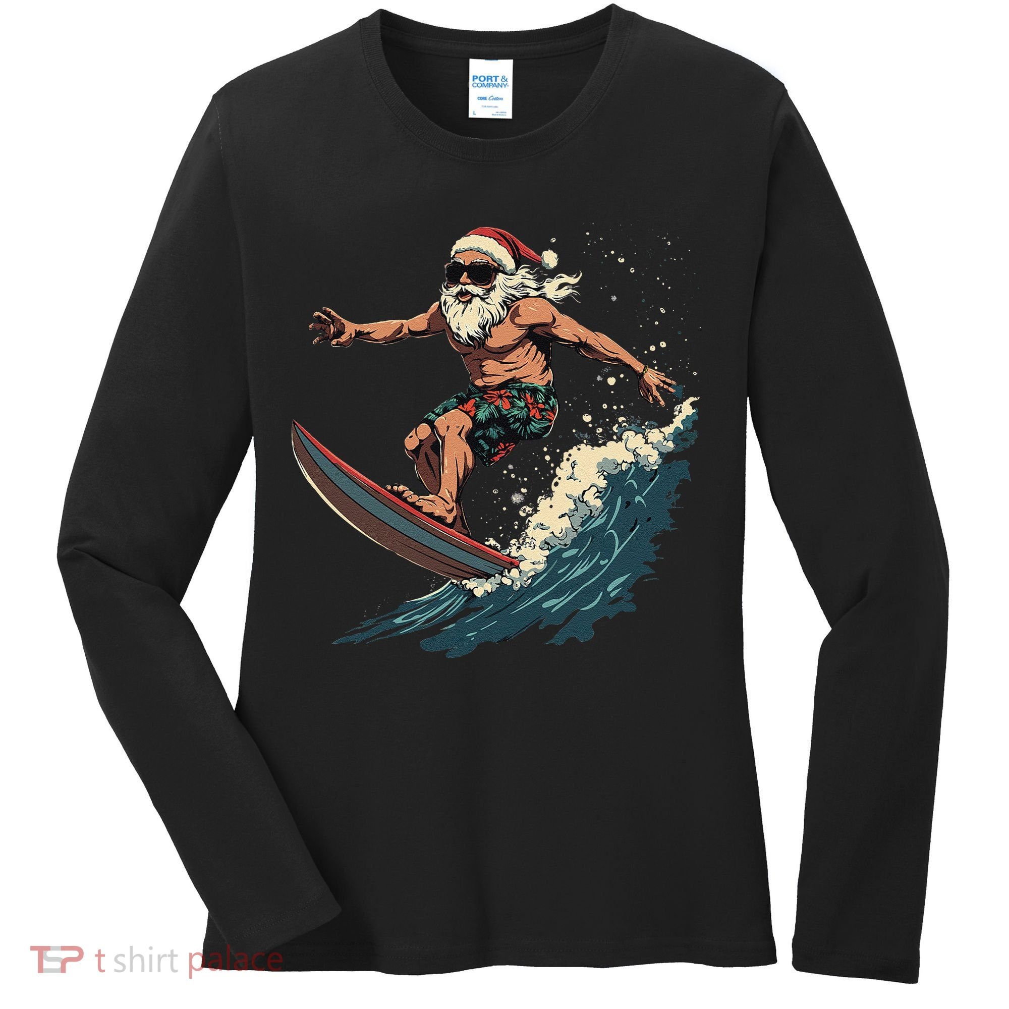 Fun Surfing Santa Christmas Santa Catching Waves Surf Lover Women's Long Sleeve Shirt