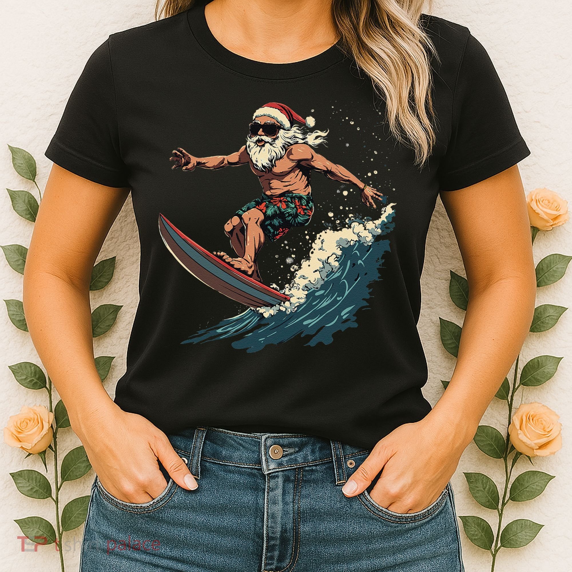 Fun Surfing Santa Christmas Santa Catching Waves Surf Lover Women's T-Shirt