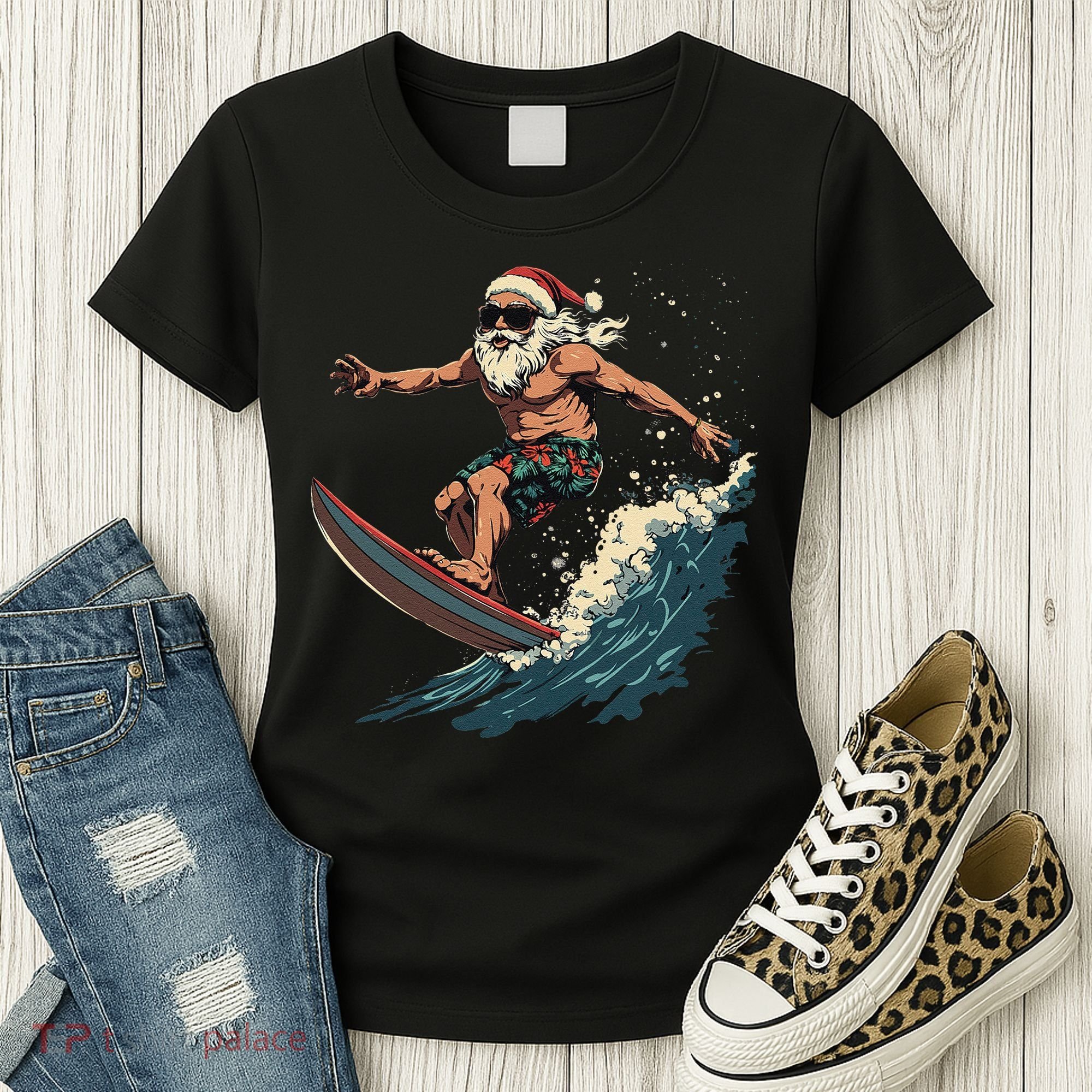 Fun Surfing Santa Christmas Santa Catching Waves Surf Lover Women's T-Shirt