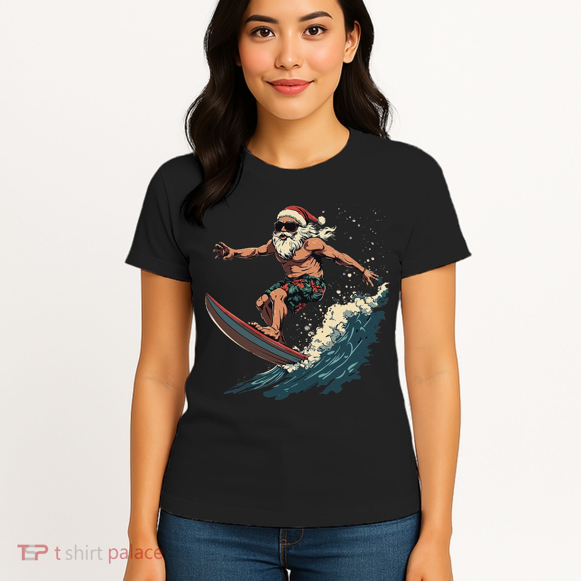 Fun Surfing Santa Christmas Santa Catching Waves Surf Lover Women's T-Shirt