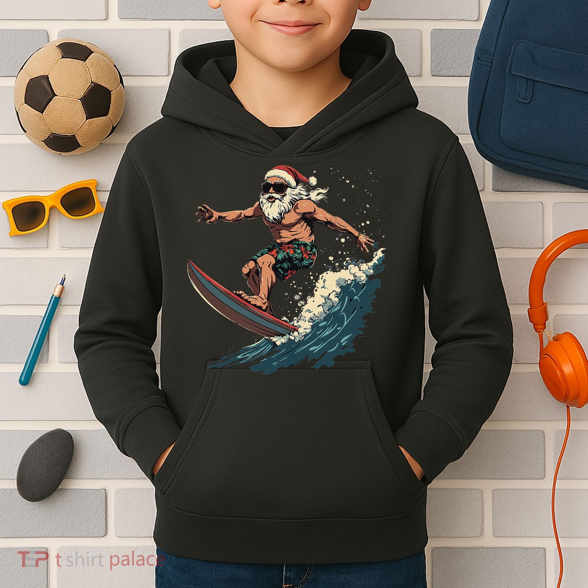 Fun Surfing Santa Christmas Santa Catching Waves Surf Lover Kids Hoodie