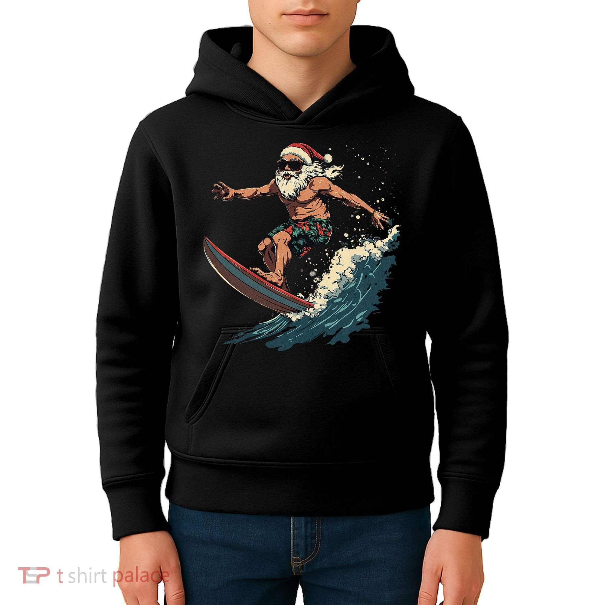 Fun Surfing Santa Christmas Santa Catching Waves Surf Lover Kids Hoodie
