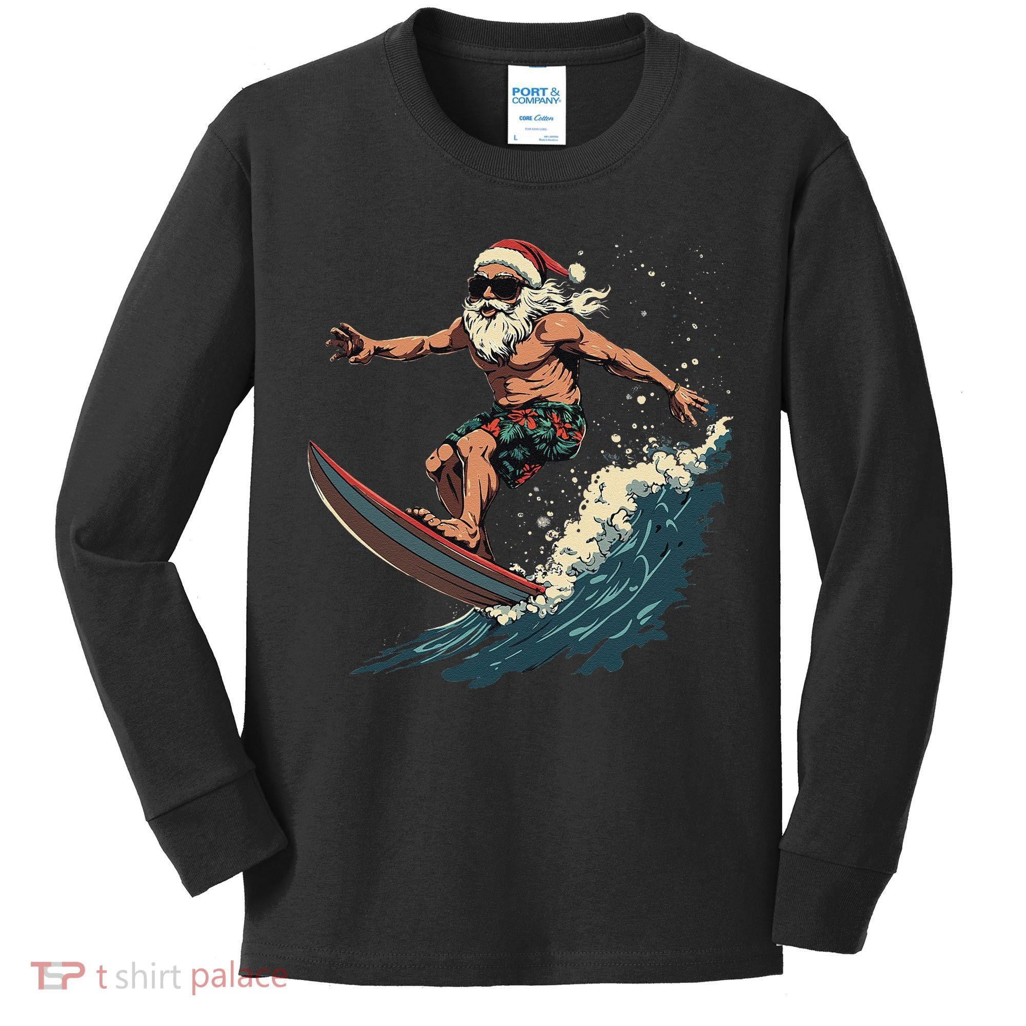 Fun Surfing Santa Christmas Santa Catching Waves Surf Lover Kids Long Sleeve Shirt