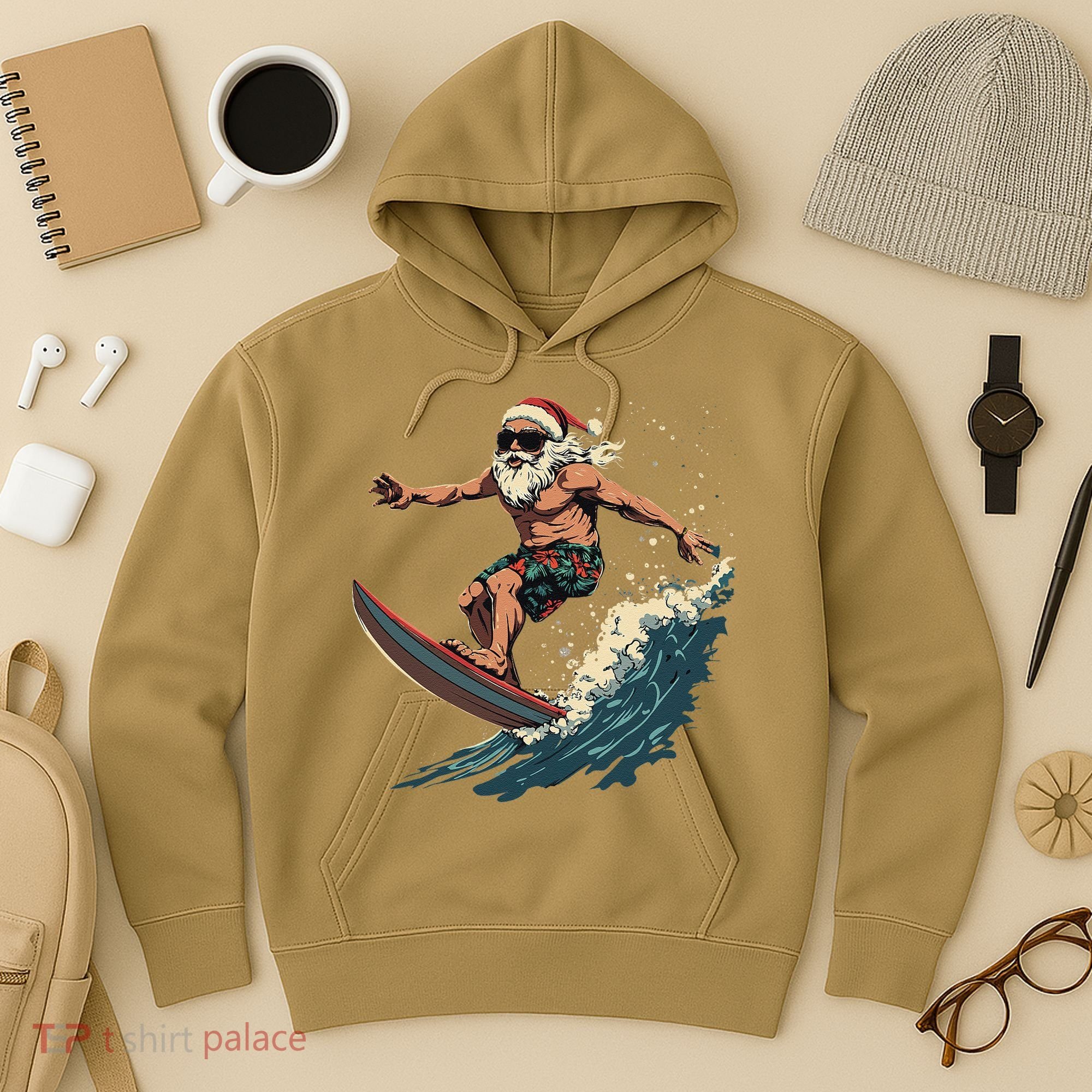 Fun Surfing Santa Christmas Santa Catching Waves Surf Lover Hoodie