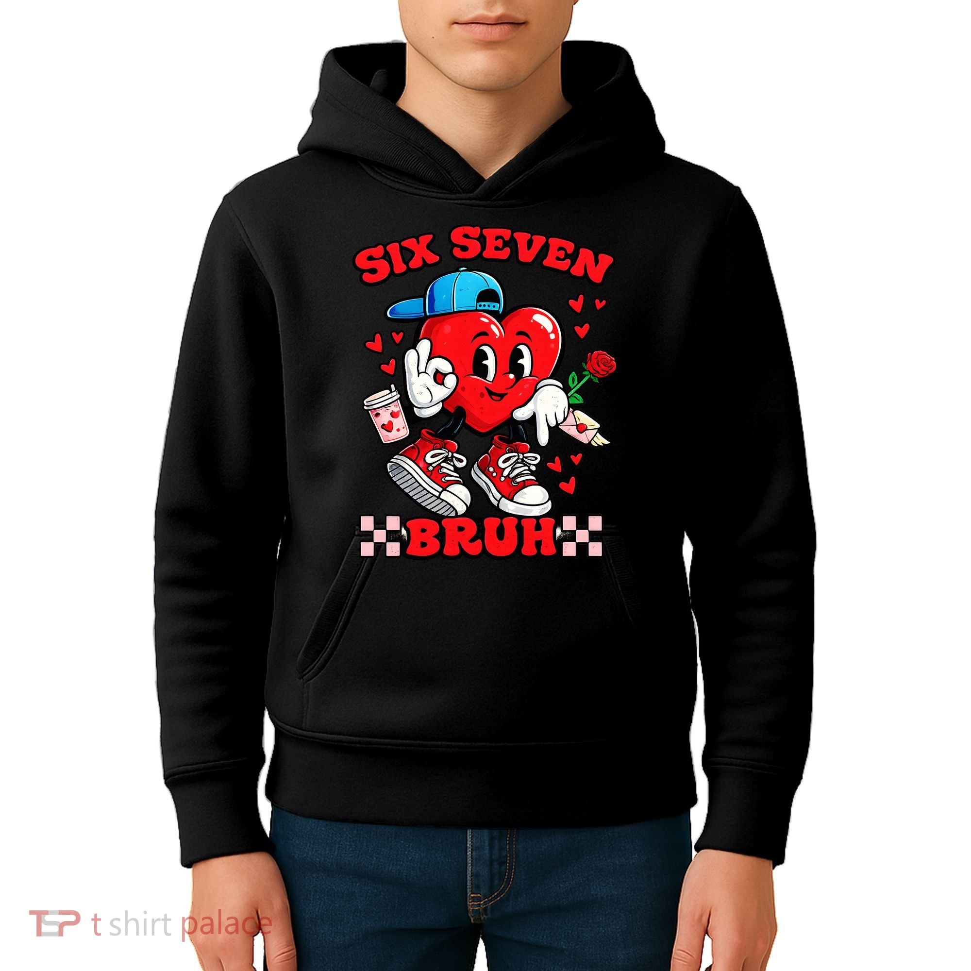 Funny Six Seven Bruh Heart 67 6-7 Valentines Day Kids Hoodie