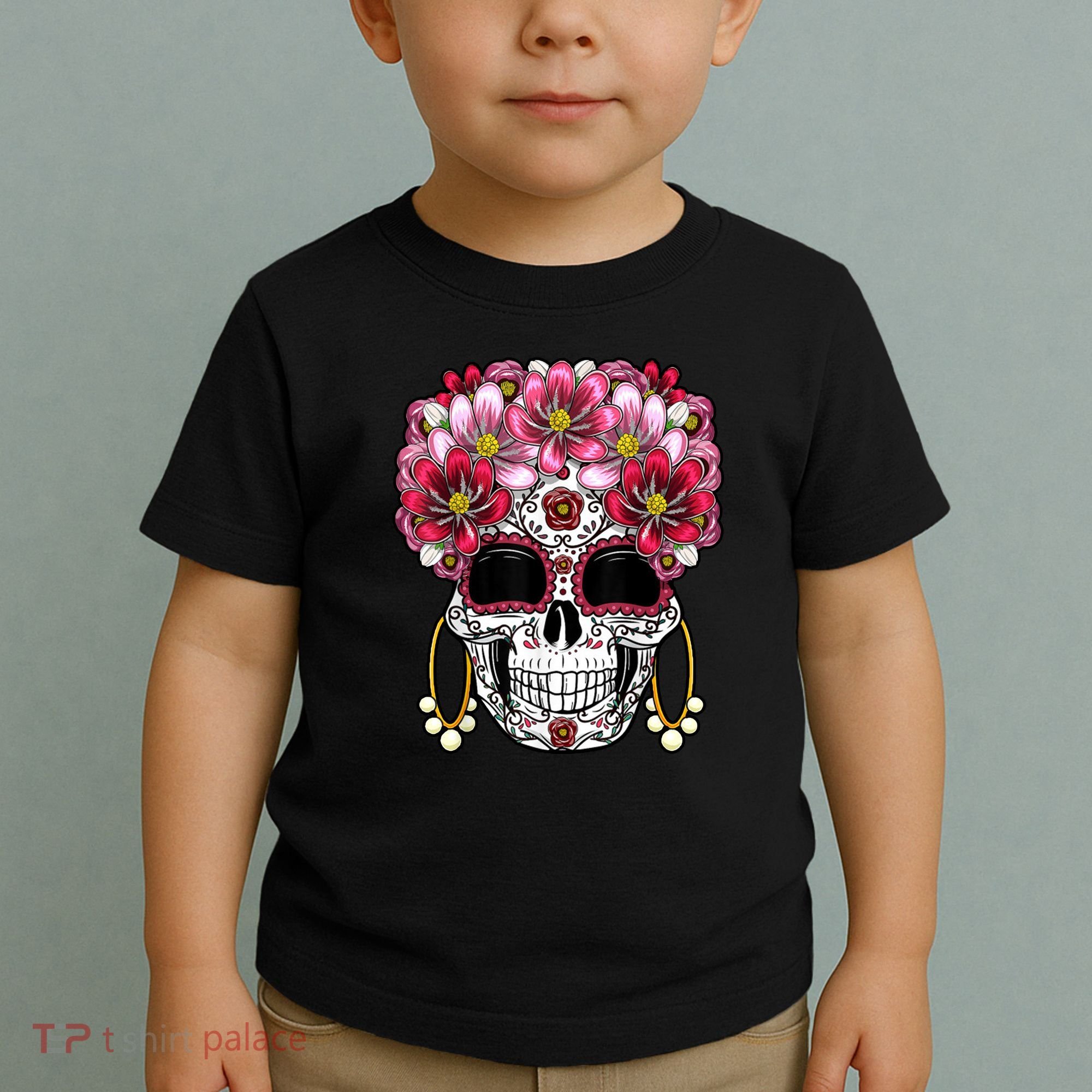 Floral Sugar Skeleton Cool Graphic Skull Toddler T-Shirt