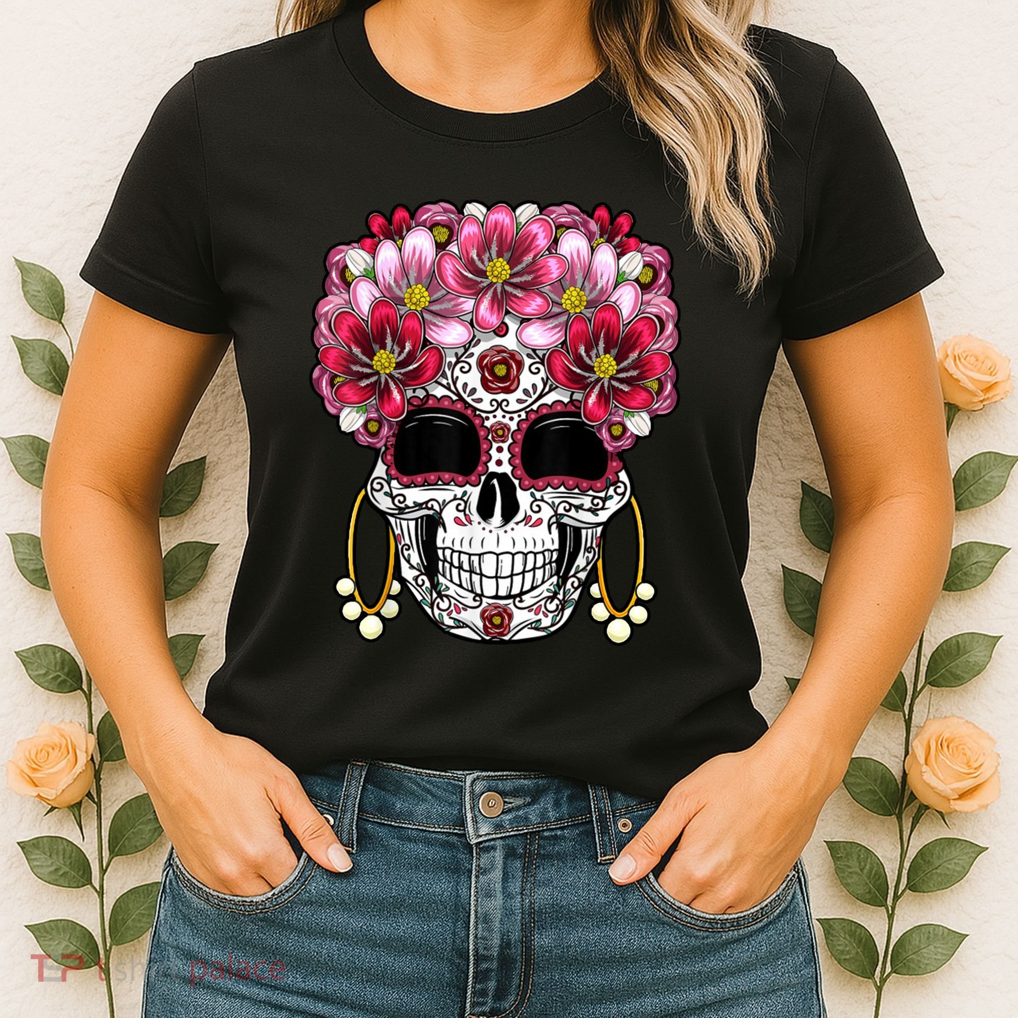 Floral Sugar Skeleton Cool Graphic Skull Women's T-Shirt
