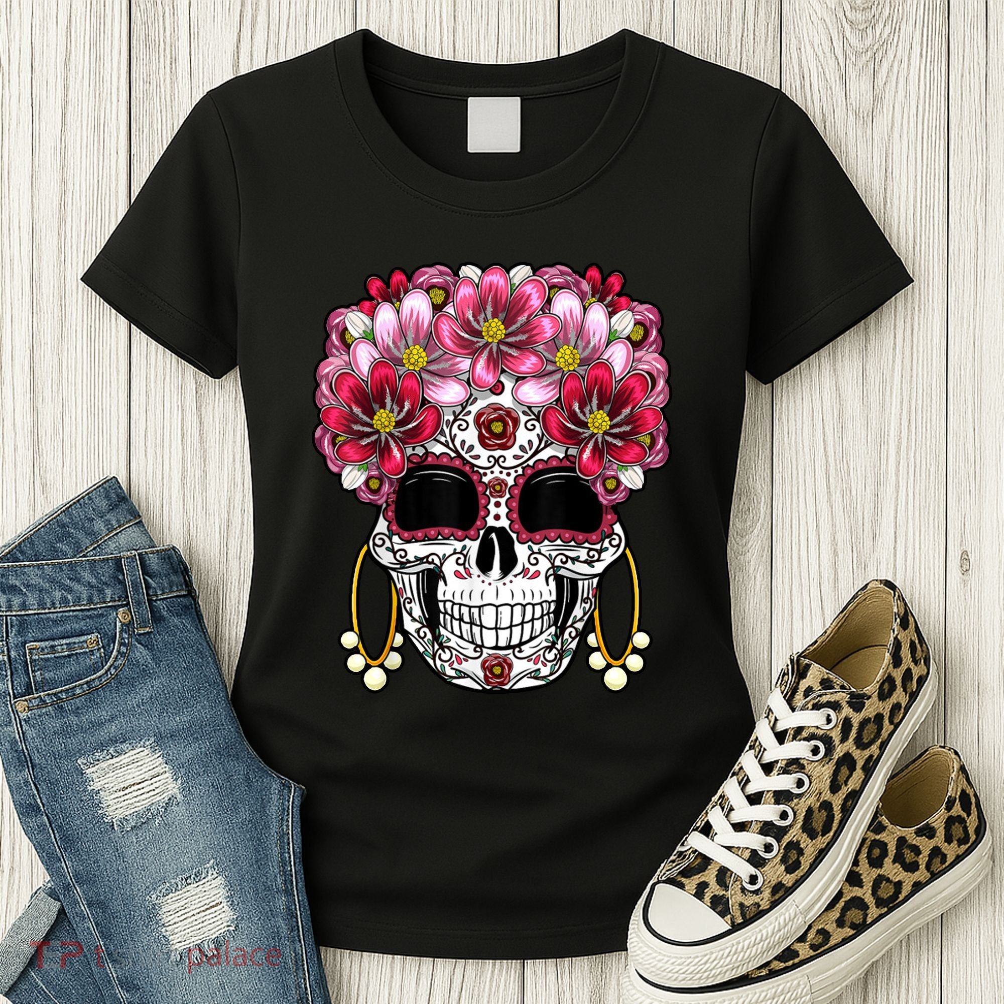 Floral Sugar Skeleton Cool Graphic Skull Women's T-Shirt