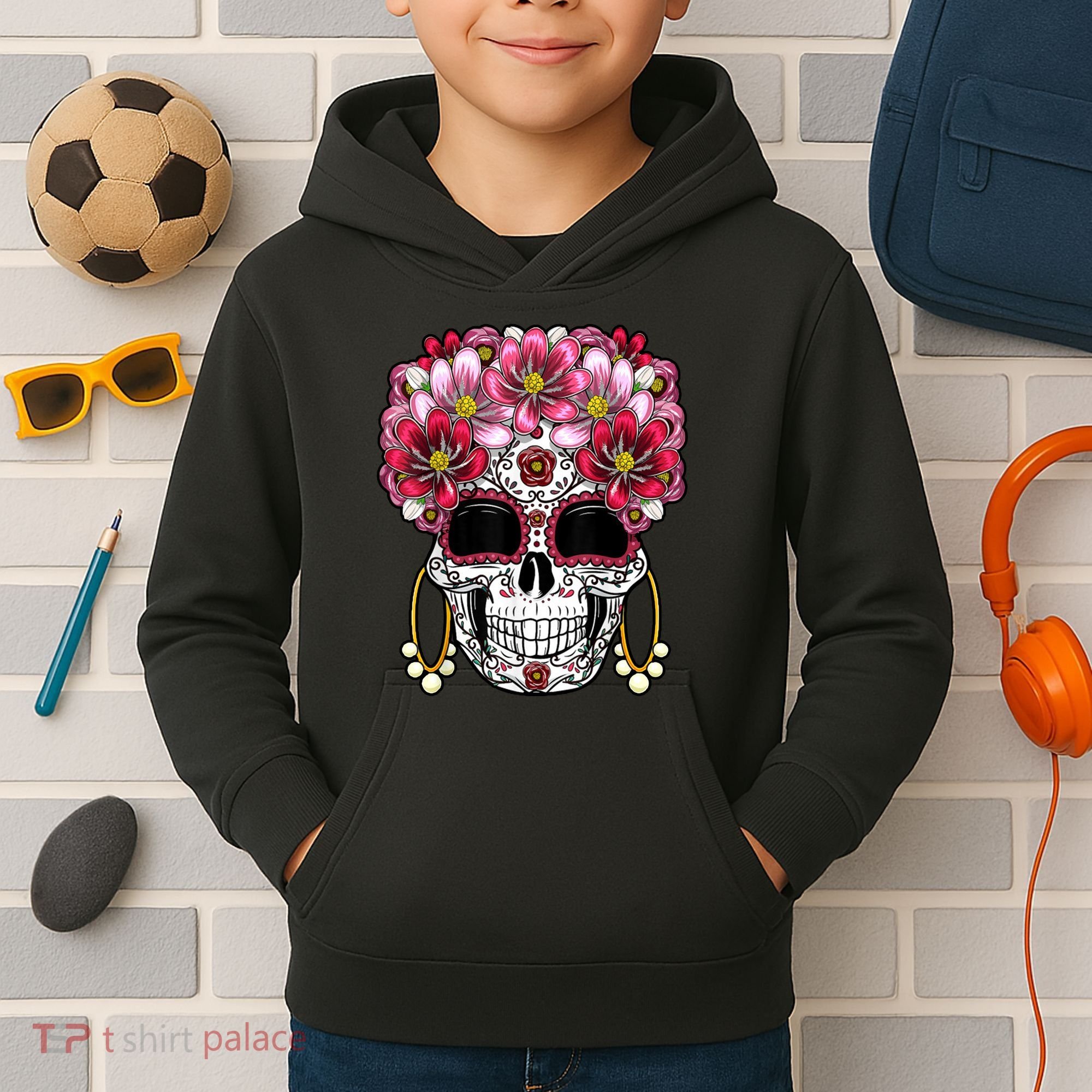 Floral Sugar Skeleton Cool Graphic Skull Kids Hoodie