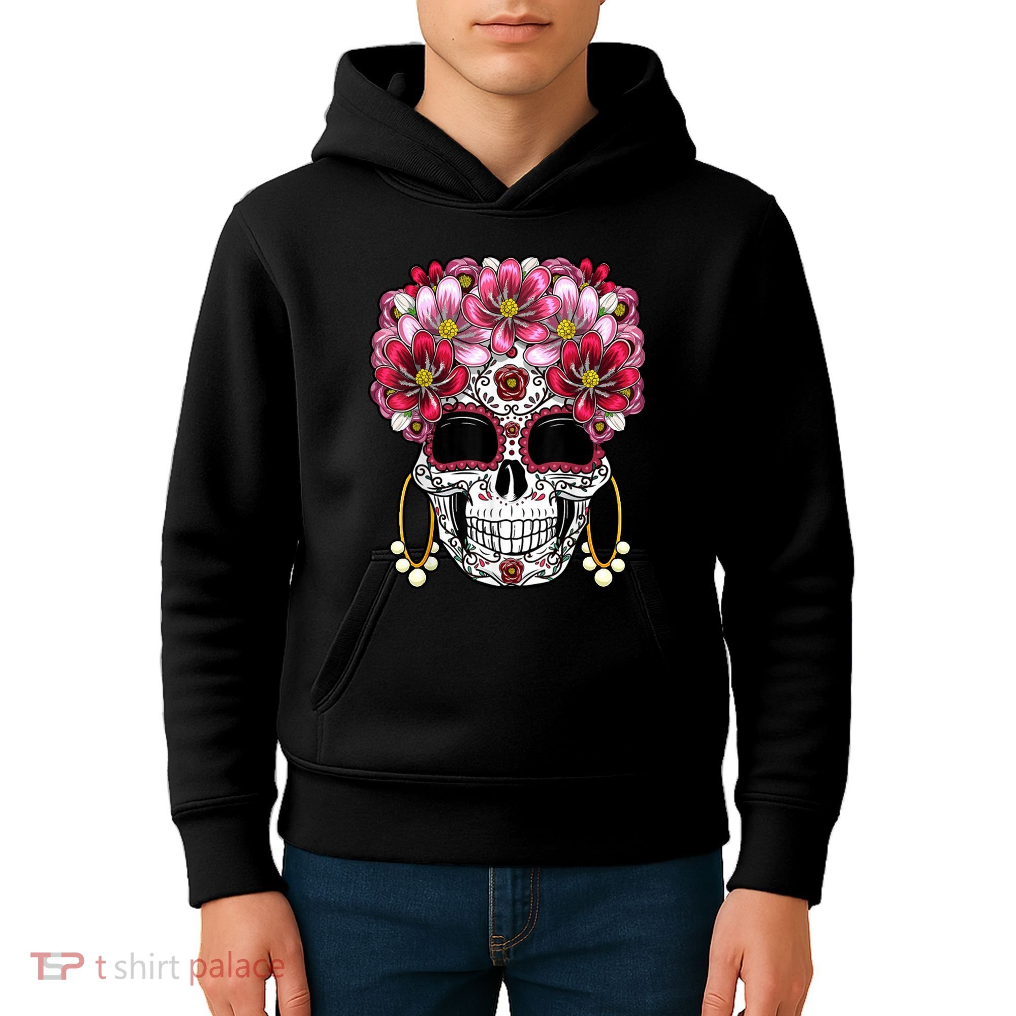 Floral Sugar Skeleton Cool Graphic Skull Kids Hoodie