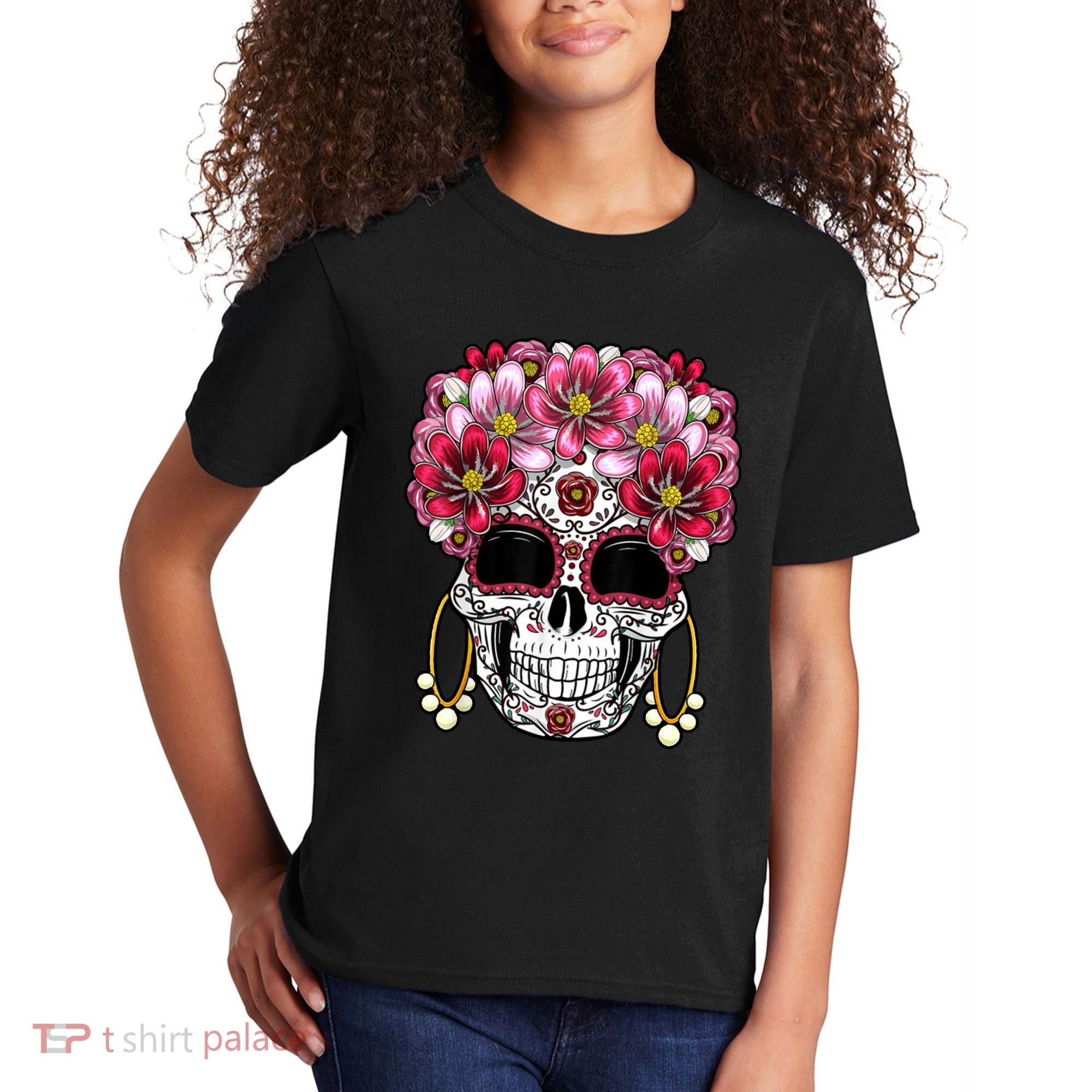 Floral Sugar Skeleton Cool Graphic Skull Kids T-Shirt