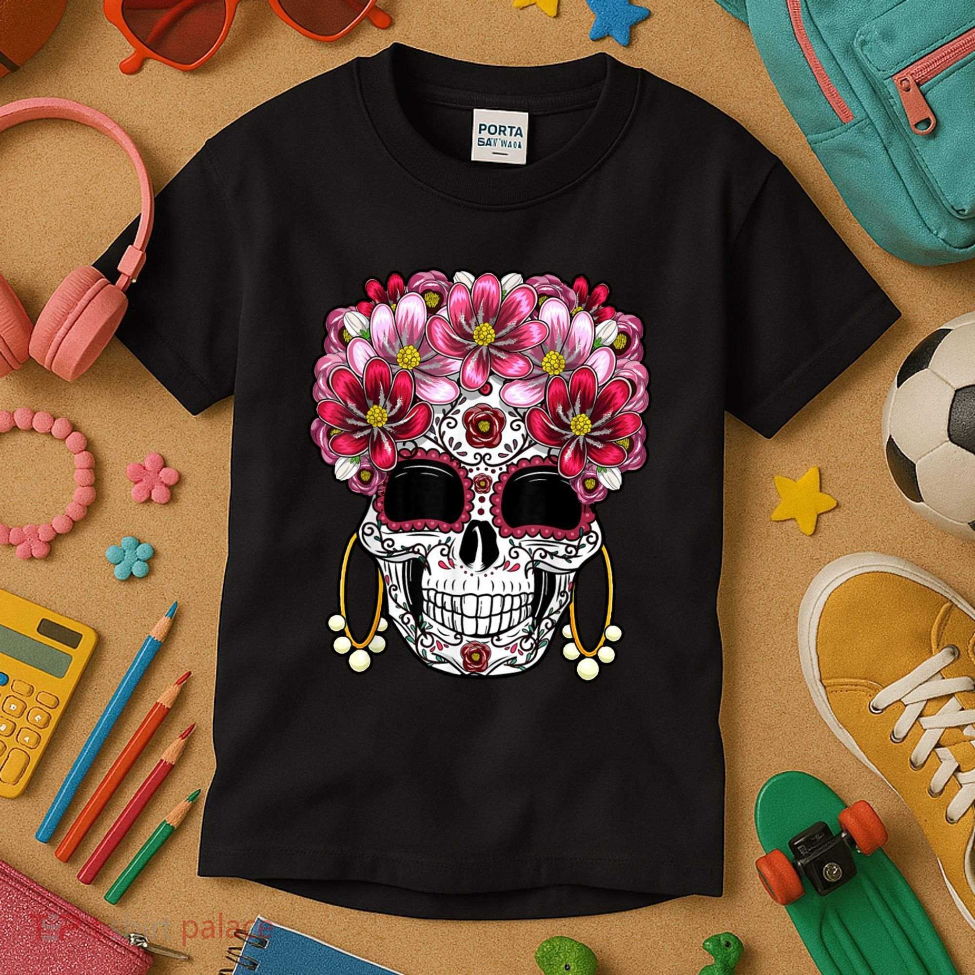 Floral Sugar Skeleton Cool Graphic Skull Kids T-Shirt