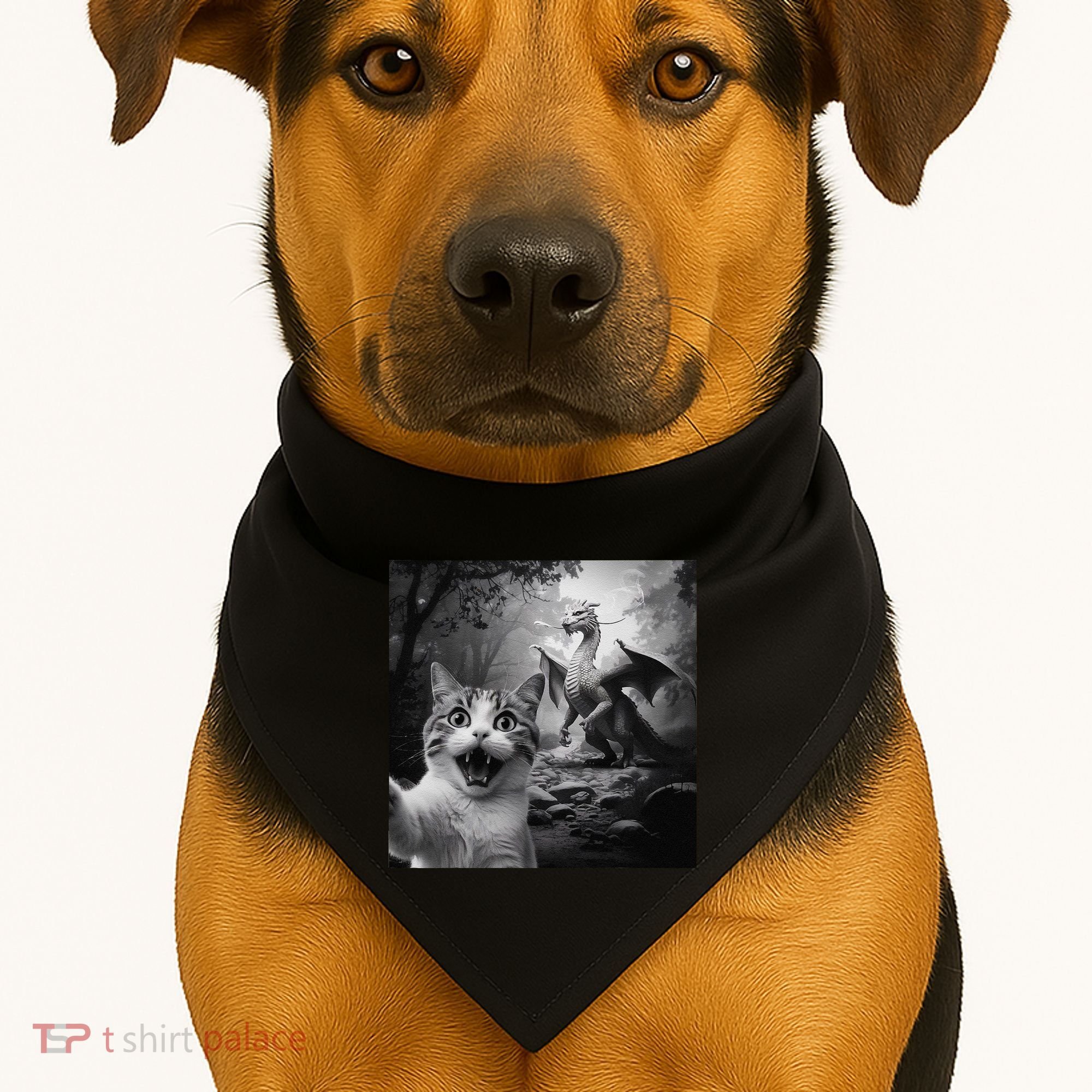 Funny Surprised Scared Cat Selfie With Dragon USA-Made Doggie Bandana