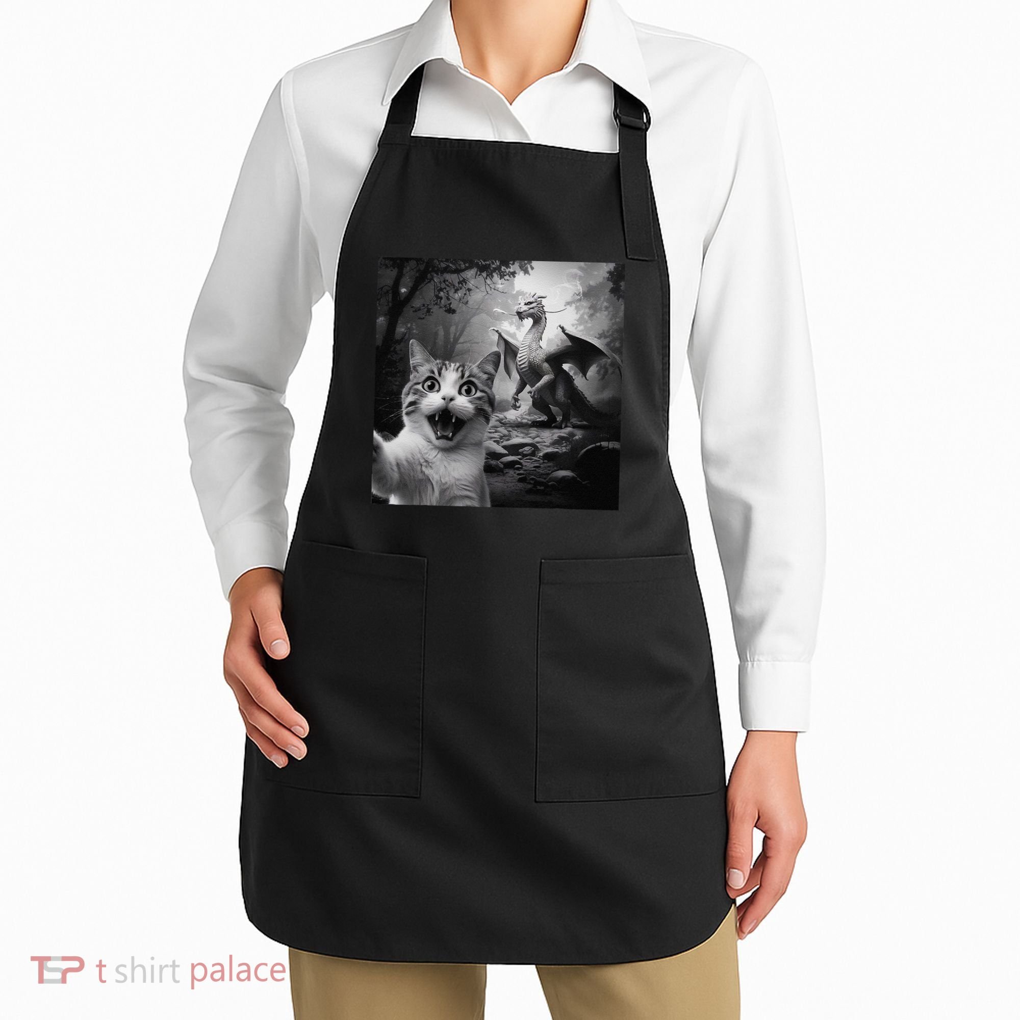 Funny Surprised Scared Cat Selfie With Dragon Apron