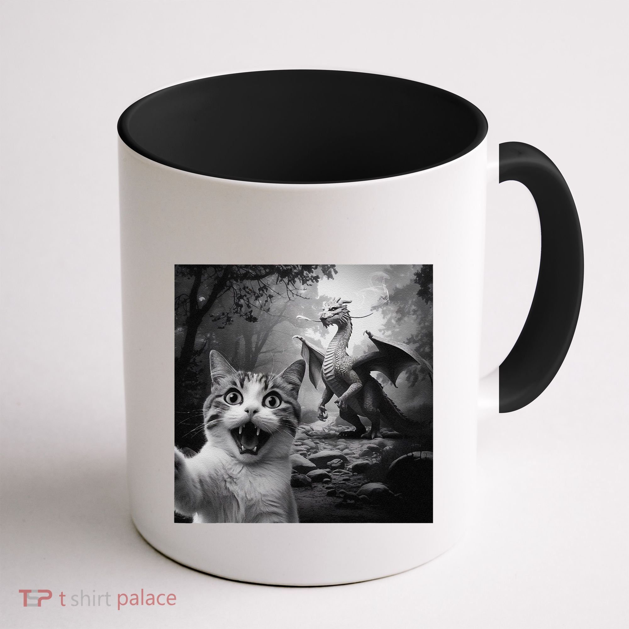 Funny Surprised Scared Cat Selfie With Dragon Coffee Mug