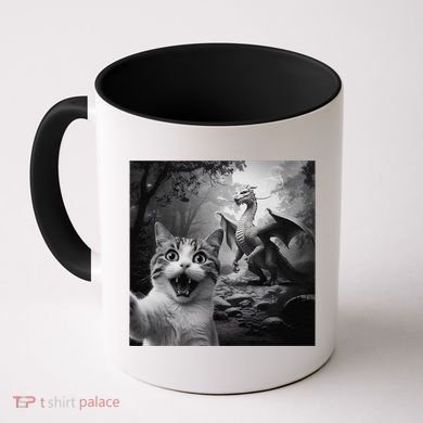 Funny Surprised Scared Cat Selfie With Dragon Coffee Mug