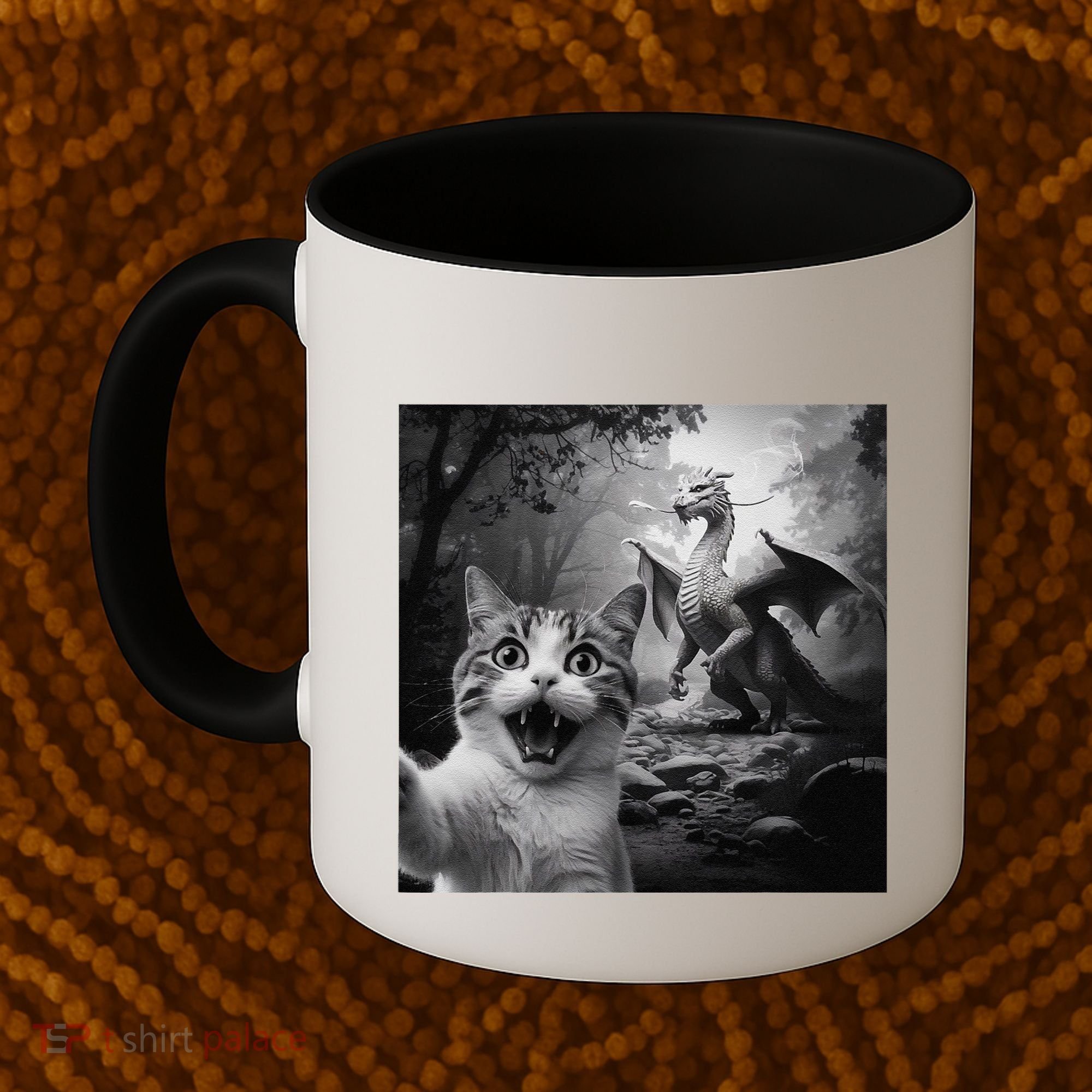 Funny Surprised Scared Cat Selfie With Dragon Coffee Mug