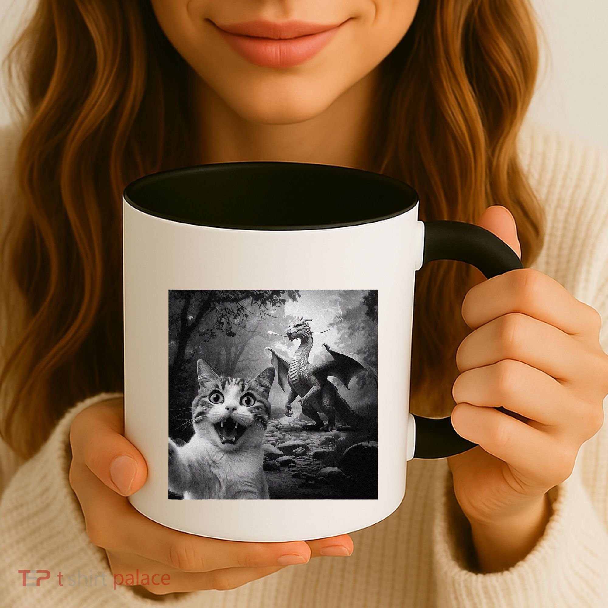 Funny Surprised Scared Cat Selfie With Dragon Coffee Mug