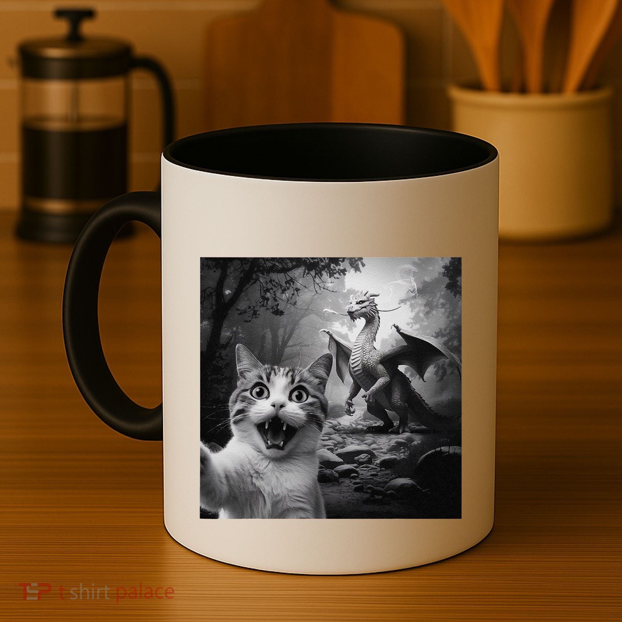 Funny Surprised Scared Cat Selfie With Dragon Coffee Mug
