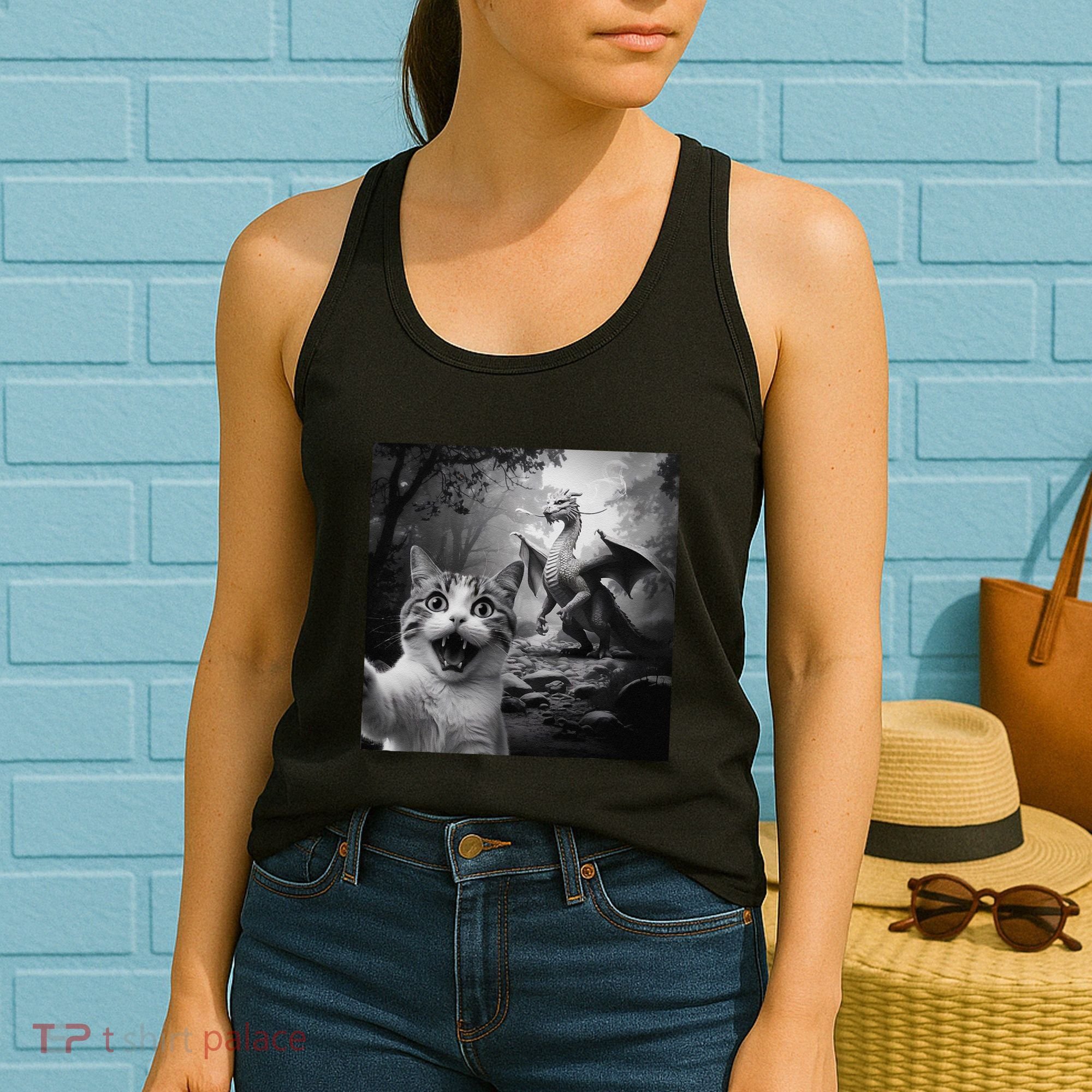 Funny Surprised Scared Cat Selfie With Dragon Women's Tank Top