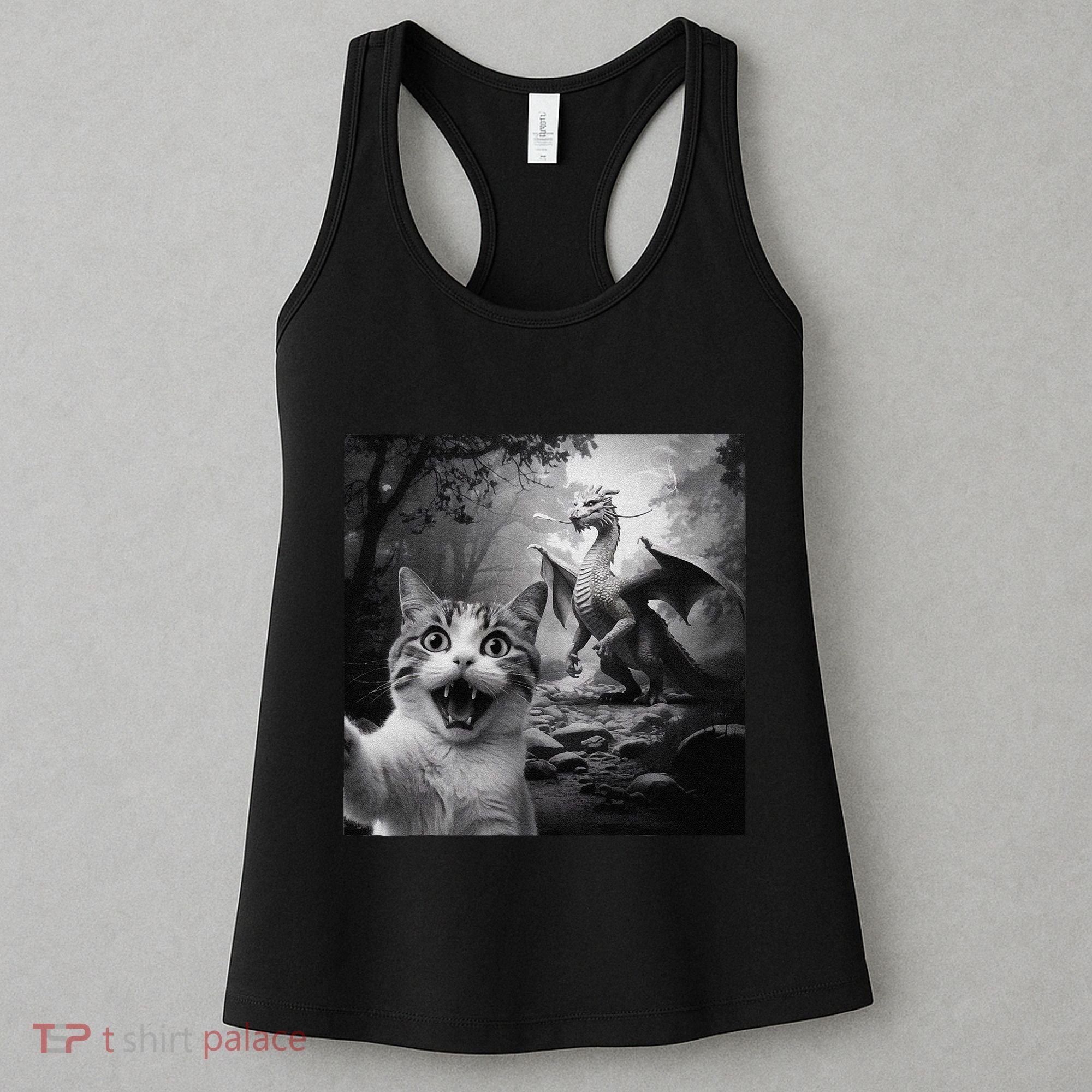 Funny Surprised Scared Cat Selfie With Dragon Women's Tank Top