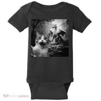 Funny Surprised Scared Cat Selfie With Dragon Baby Bodysuit