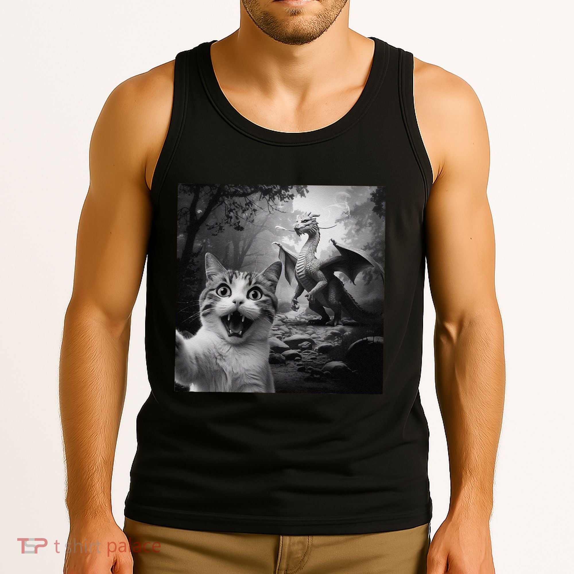 Funny Surprised Scared Cat Selfie With Dragon Tank Top